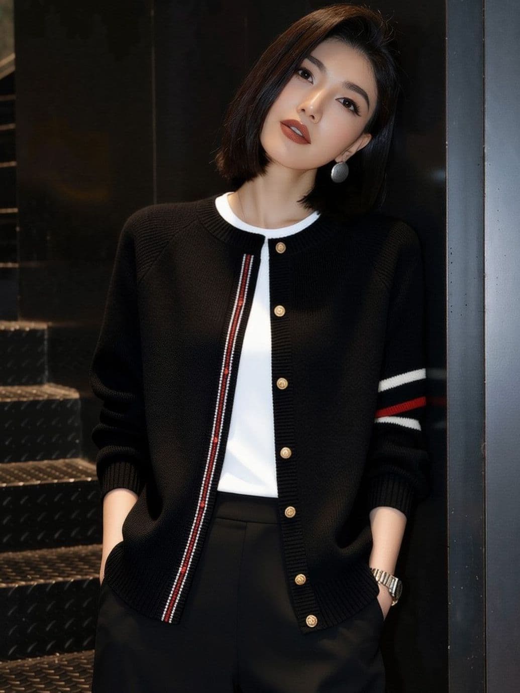봄 가을 오픈 가디건 여성 스트라이프 새로운 양모 라운드 넥 니트 스웨터 쇼트 스타일 재킷 패션 우아함 맨위 스웨터 상세 이미지 14