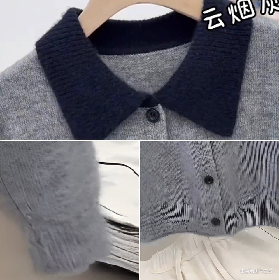 빅 사이즈 회색 고급 센스 폴로 칼라 니트 오픈 가디건 여성 가을 지방 mm 슬림해 보이는 한국 스타일 루즈핏 캐주얼 스웨터 상세 이미지 7