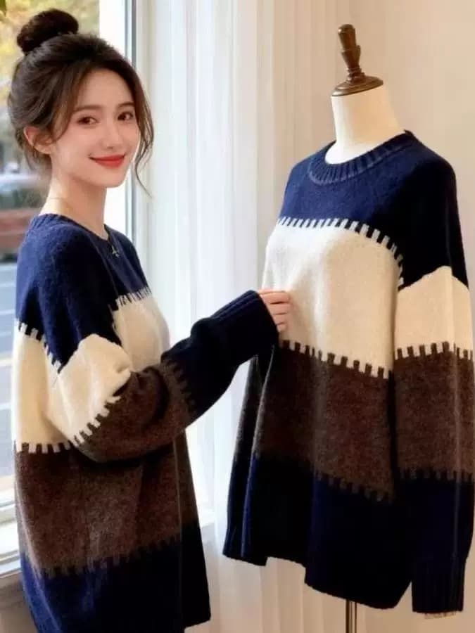 고급 센스 고유 한 스트라이프 느긋한 바람 스웨터 여자 가을 겨울철 빅 사이즈 표지 배 니트 기본 셔츠 인사이드 잡아라. 의류 이미지 2