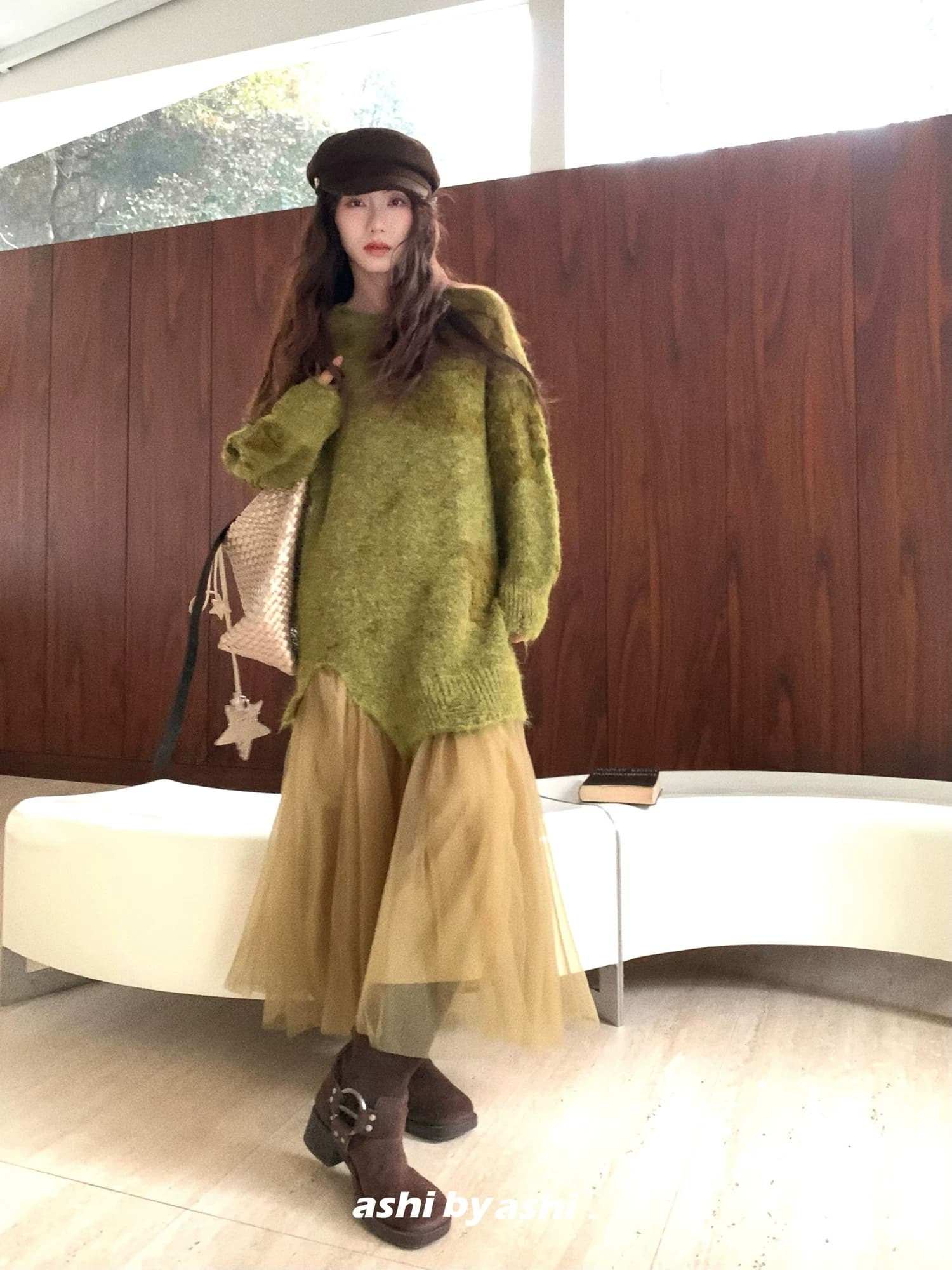 보다 큼 시 예기치 않게 만나다. 느긋한 바람 작은 대중 질감 센스 니트 패치워크 망사 드레스 루즈핏 롱 스커트 이미지 2