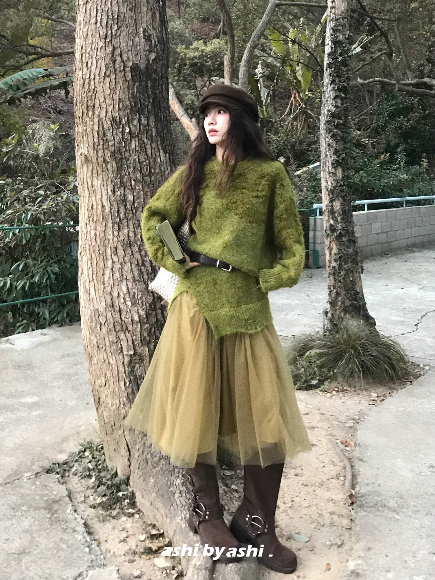 보다 큼 시 예기치 않게 만나다. 느긋한 바람 작은 대중 질감 센스 니트 패치워크 망사 드레스 루즈핏 롱 스커트 상세 이미지 7