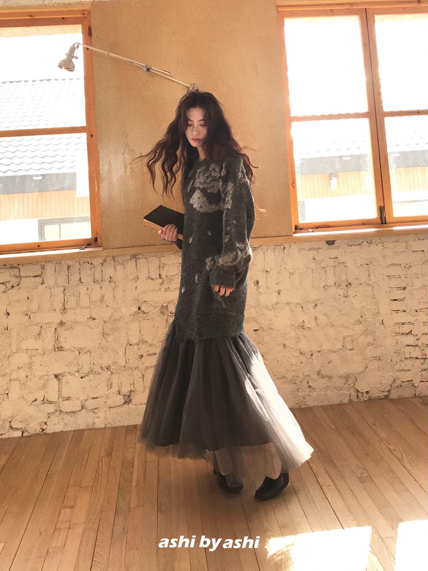 보다 큼 시 예기치 않게 만나다. 느긋한 바람 작은 대중 질감 센스 니트 패치워크 망사 드레스 루즈핏 롱 스커트 상세 이미지 14
