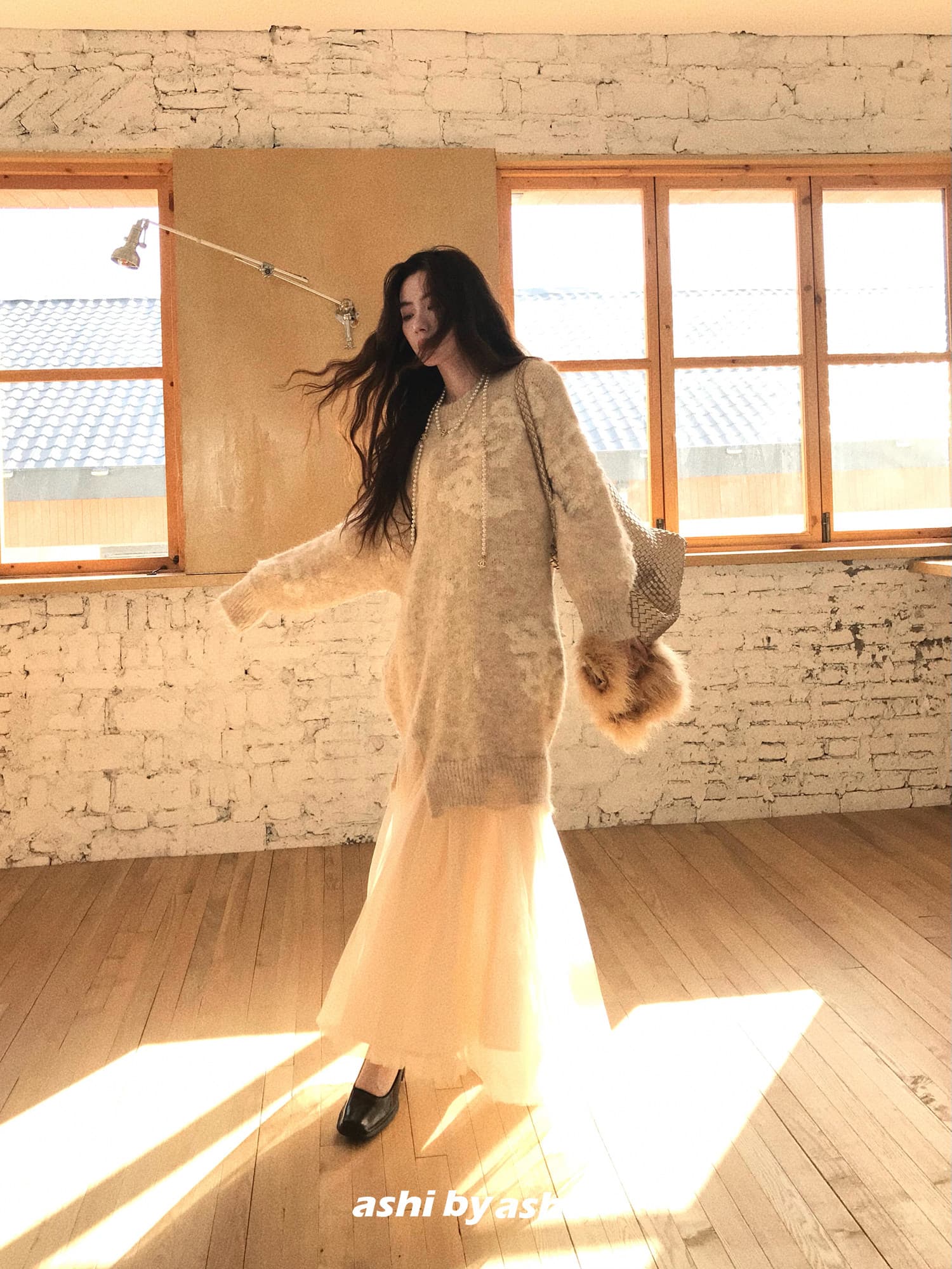 보다 큼 시 예기치 않게 만나다. 느긋한 바람 작은 대중 질감 센스 니트 패치워크 망사 드레스 루즈핏 롱 스커트 상세 이미지 22