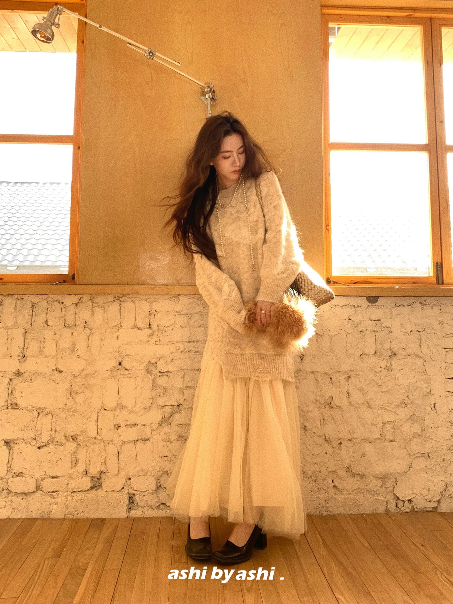 보다 큼 시 예기치 않게 만나다. 느긋한 바람 작은 대중 질감 센스 니트 패치워크 망사 드레스 루즈핏 롱 스커트 상세 이미지 64