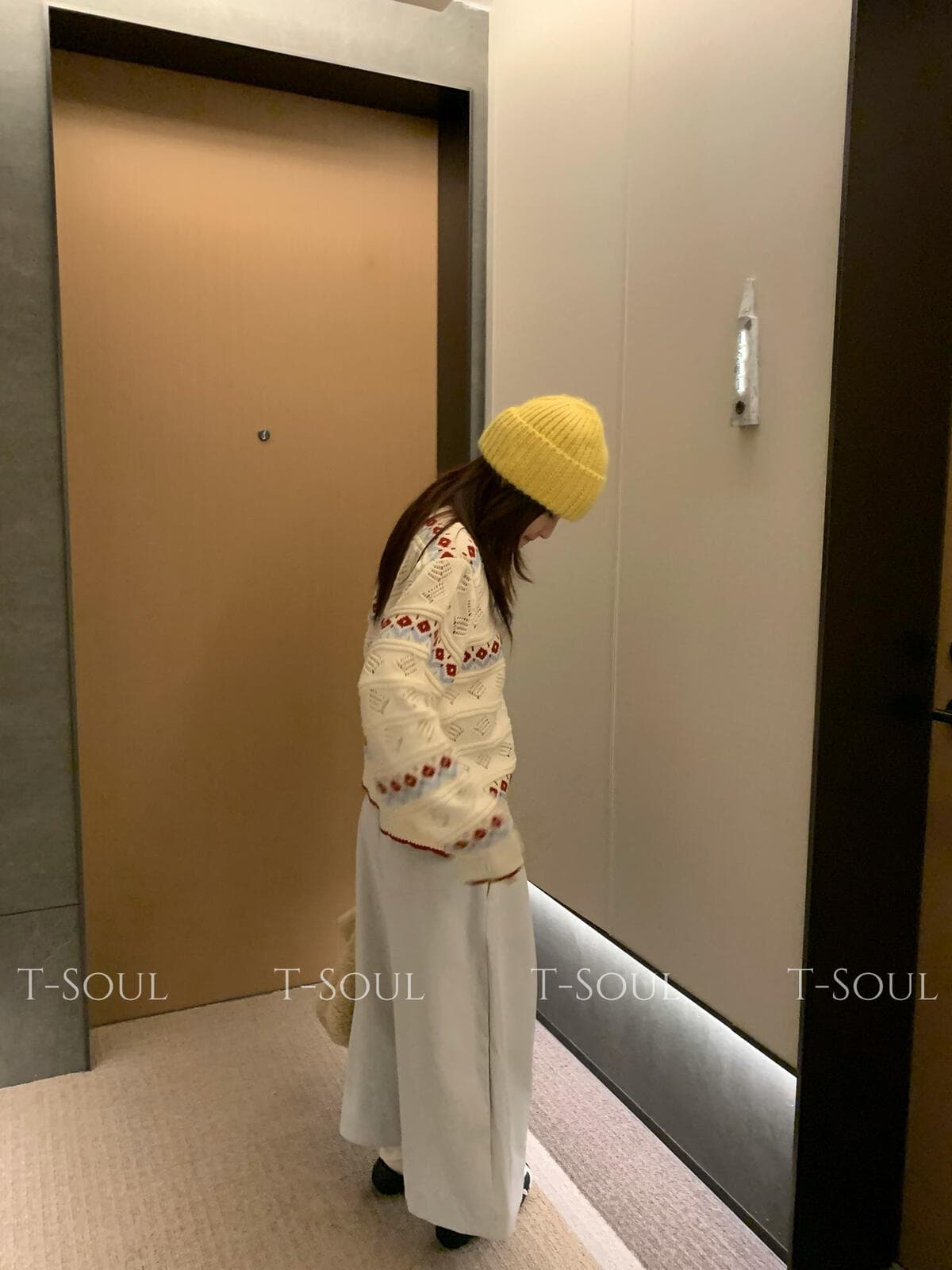 t-soul- 공정한 섬 자카드 라운드 넥 루즈핏 쇼트 스타일 신선함 부드러운 크림 니트 오픈 가디건 2026 새로운 상세 이미지 4