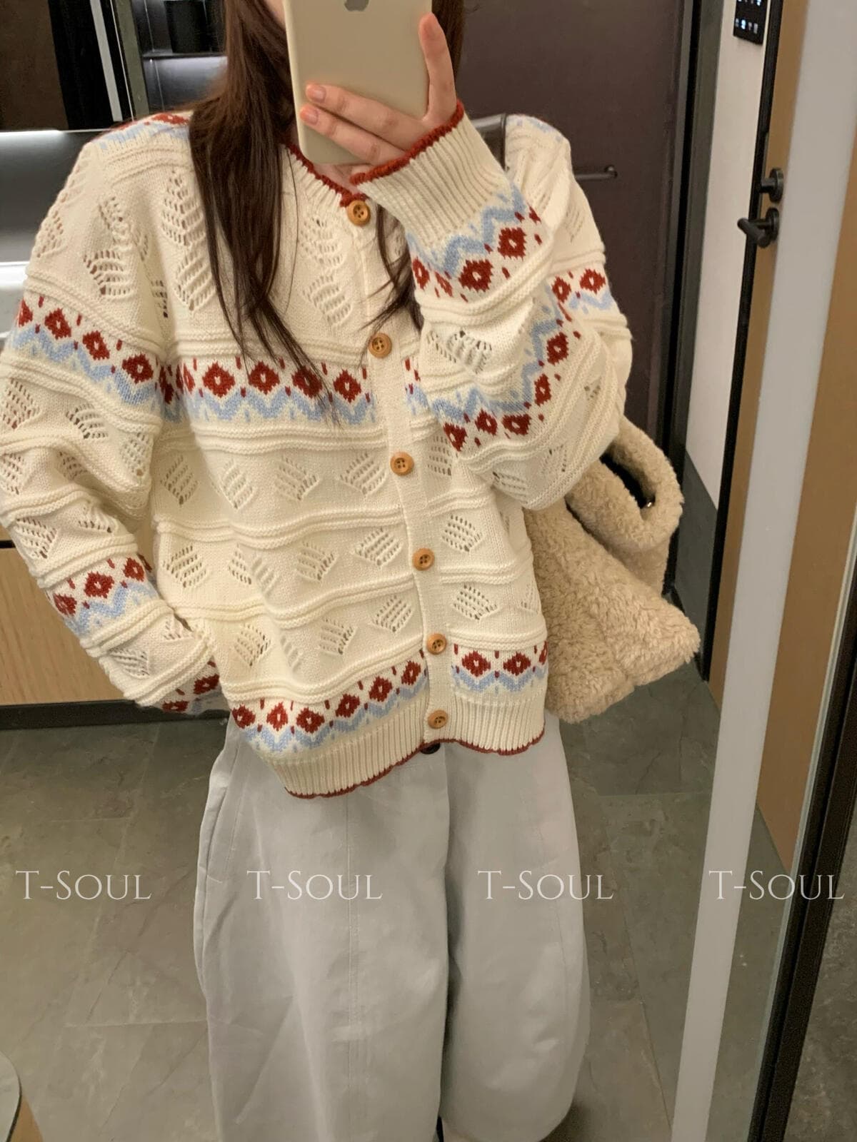 t-soul- 공정한 섬 자카드 라운드 넥 루즈핏 쇼트 스타일 신선함 부드러운 크림 니트 오픈 가디건 2026 새로운 상세 이미지 8