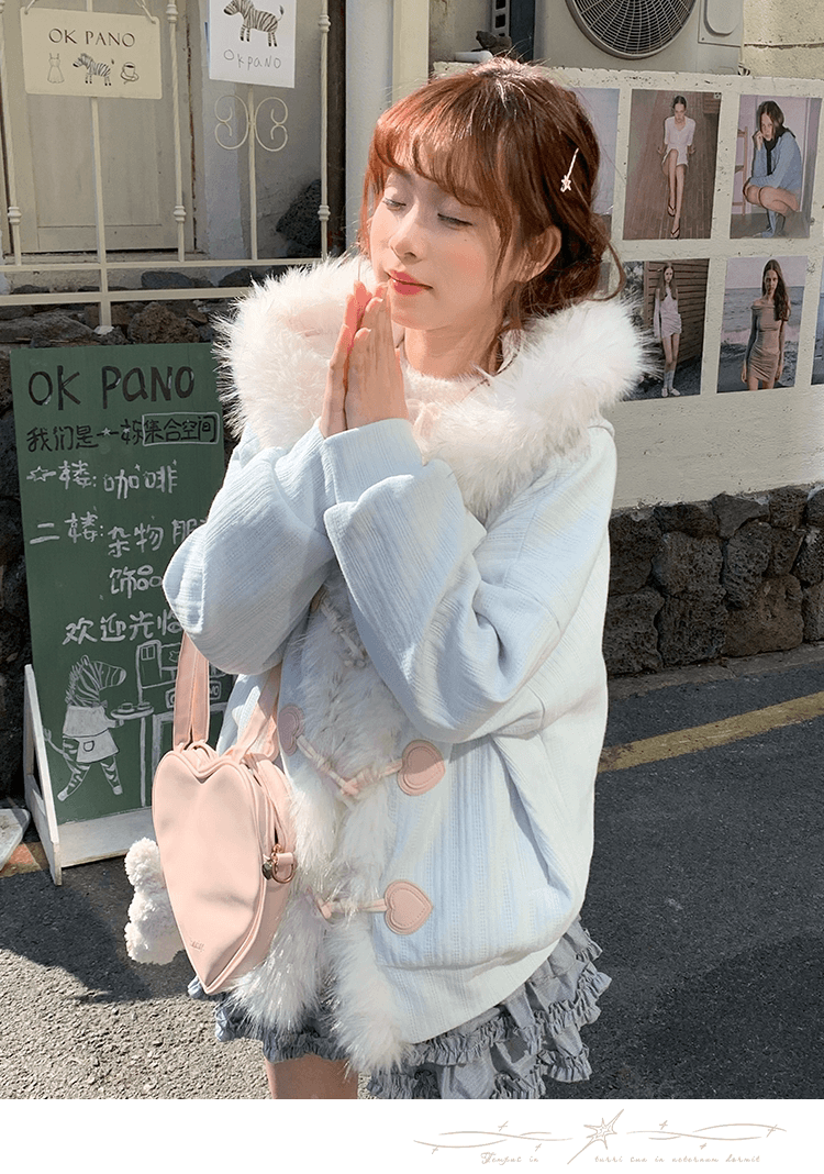 sinsingirl 바다 소금 복숭아 복숭아 겨울 작은 청신 파우더 블루 니트 패치워크 모피 루즈핏 소뿔 버클 재킷 상세 이미지 7