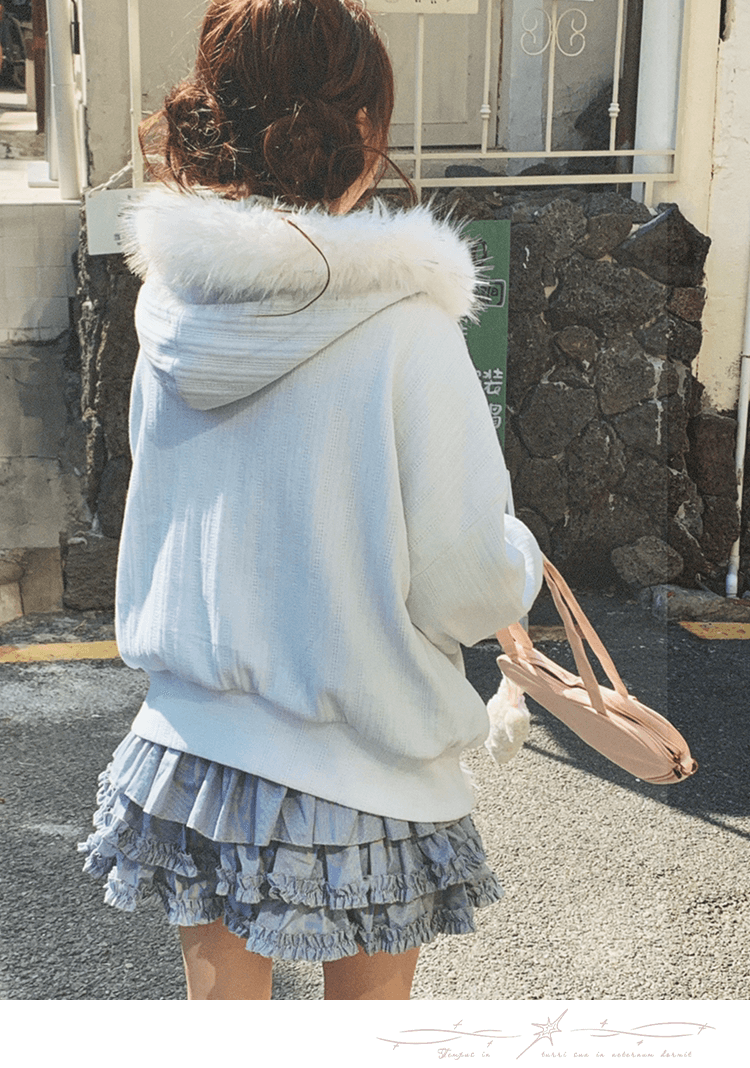 sinsingirl 바다 소금 복숭아 복숭아 겨울 작은 청신 파우더 블루 니트 패치워크 모피 루즈핏 소뿔 버클 재킷 상세 이미지 9