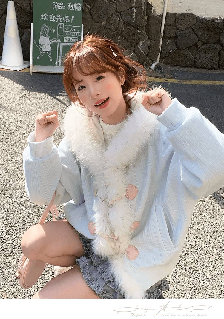 sinsingirl 바다 소금 복숭아 복숭아 겨울 작은 청신 파우더 블루 니트 패치워크 모피 루즈핏 소뿔 버클 재킷 상세 이미지 15