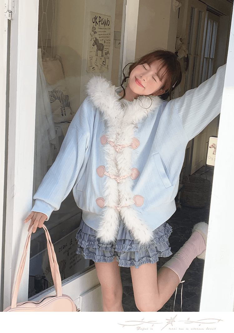 sinsingirl 바다 소금 복숭아 복숭아 겨울 작은 청신 파우더 블루 니트 패치워크 모피 루즈핏 소뿔 버클 재킷 상세 이미지 19