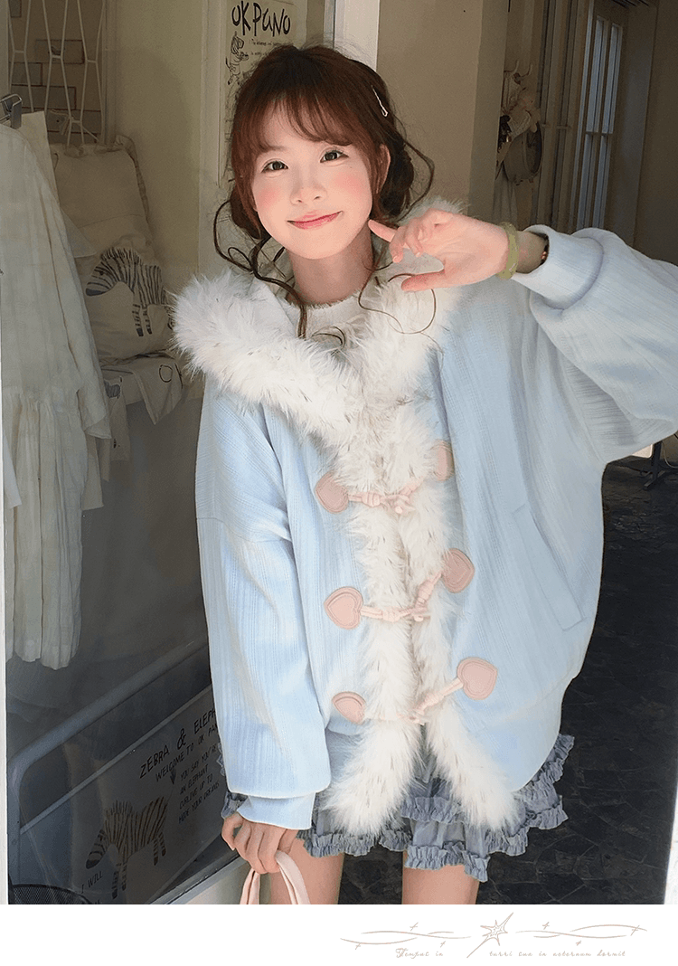 sinsingirl 바다 소금 복숭아 복숭아 겨울 작은 청신 파우더 블루 니트 패치워크 모피 루즈핏 소뿔 버클 재킷 상세 이미지 20