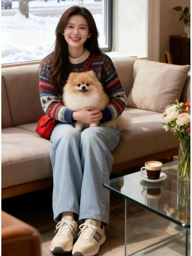 패션 북유럽 자카드 배색 니트 스웨터 여성 2026 새로운 라운드 넥 쇼트 스타일 겨울 분위기 거리 밖 예쁜 스웨터 이미지 4