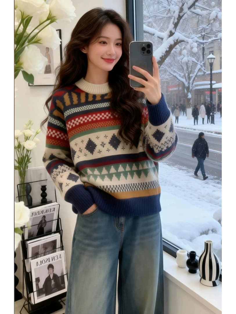 패션 북유럽 자카드 배색 니트 스웨터 여성 2026 새로운 라운드 넥 쇼트 스타일 겨울 분위기 거리 밖 예쁜 스웨터 상세 이미지 1