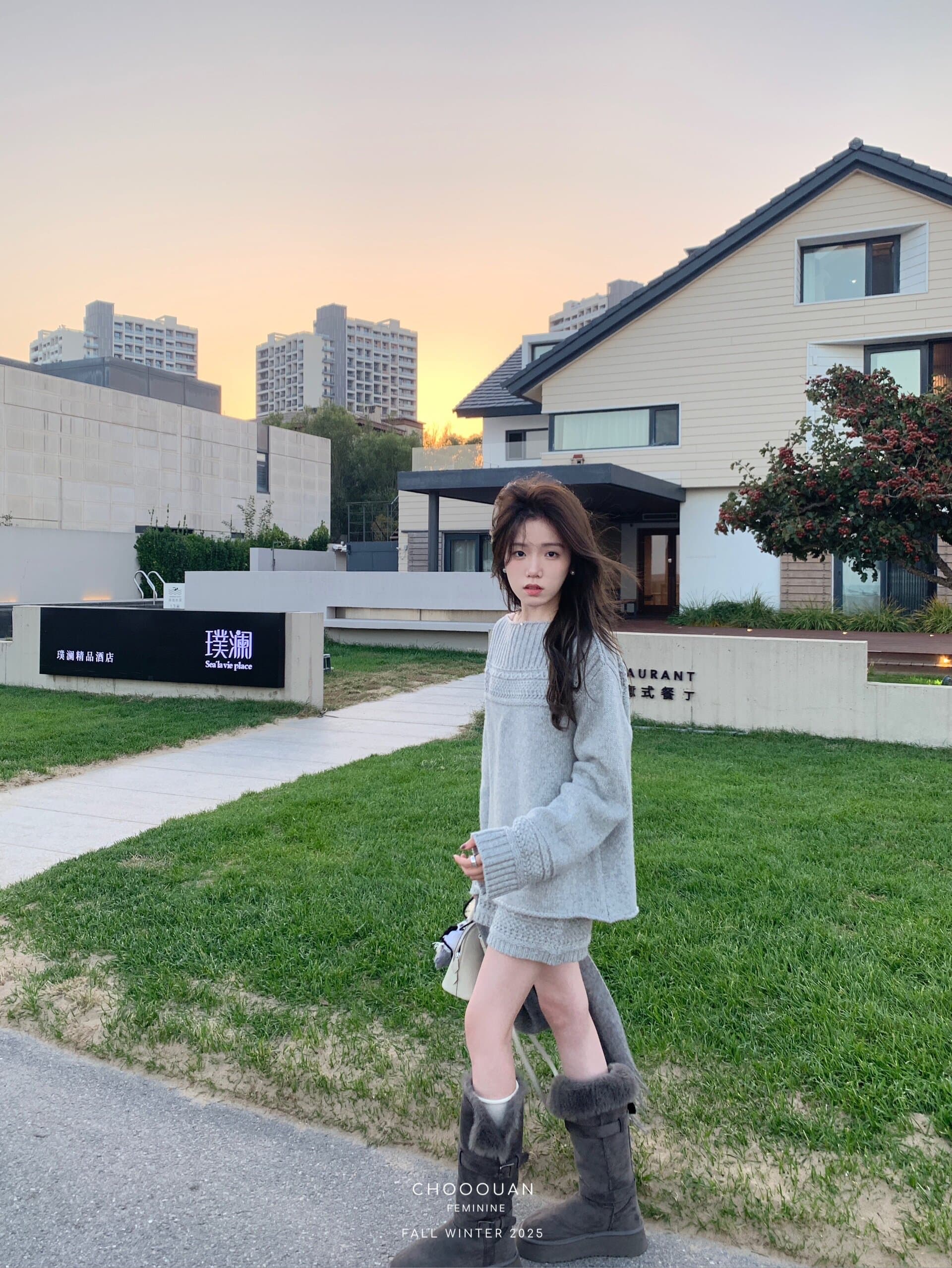 미크론 양모 자카드 오프숄더 회색 스웨터 니트 미니 스커트 가을 세트 2026 투피스 세트 상세 이미지 17