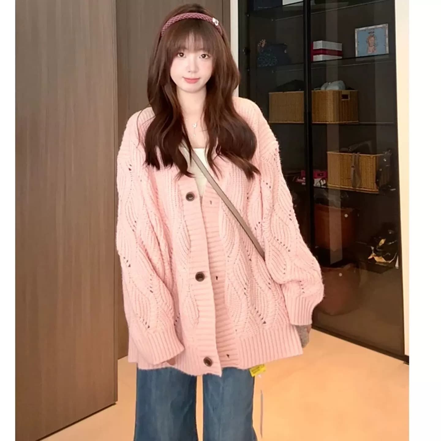 레드 맨 파빌리온 니트 오픈 가디건 여성 한 부서 가을 착용 잡아라. 의류 외부 가져 가라. 분위기 센스 핑크색 느긋한 바람 스웨터 코트 이미지 4