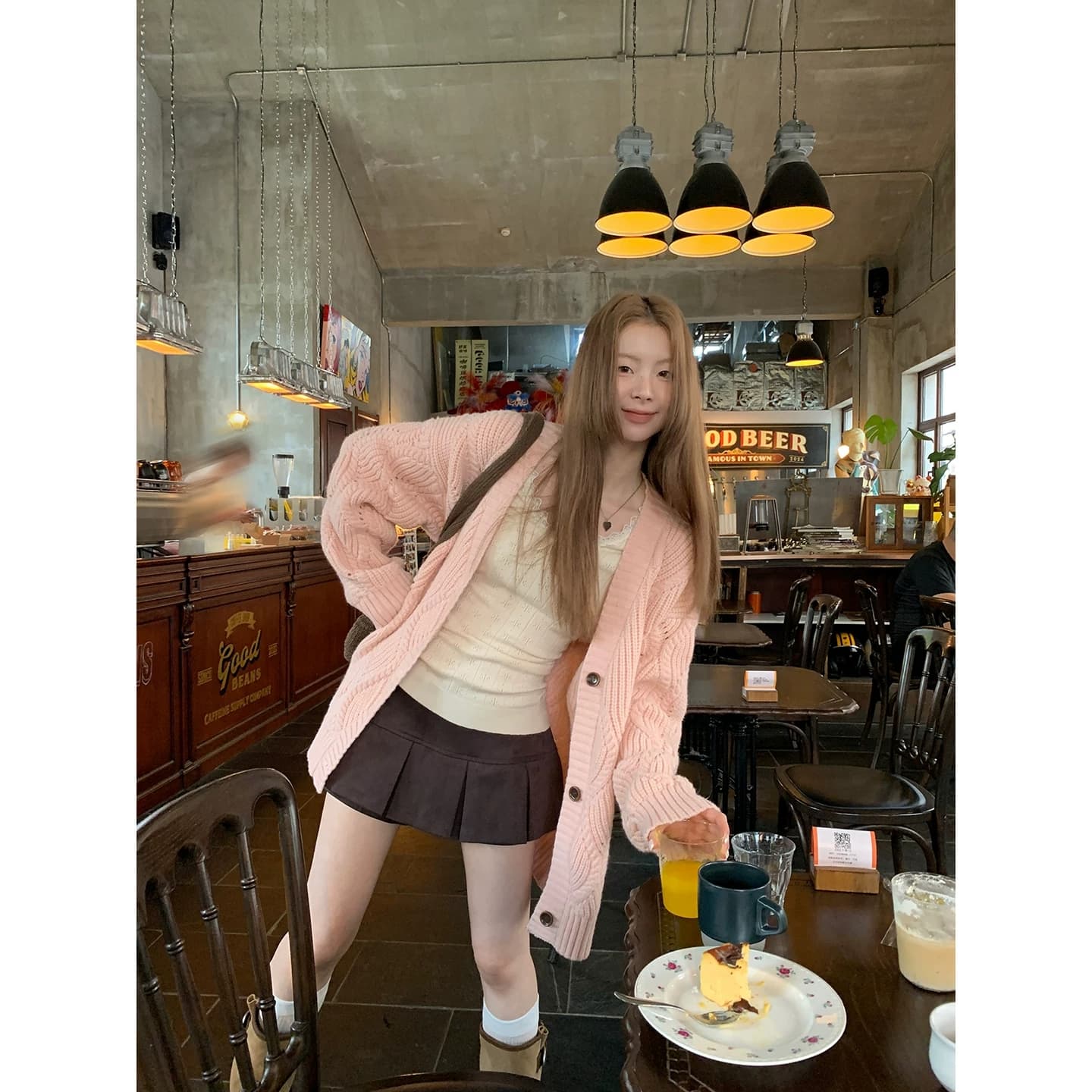 레드 맨 파빌리온 니트 오픈 가디건 여성 한 부서 가을 착용 잡아라. 의류 외부 가져 가라. 분위기 센스 핑크색 느긋한 바람 스웨터 코트 상세 이미지 8