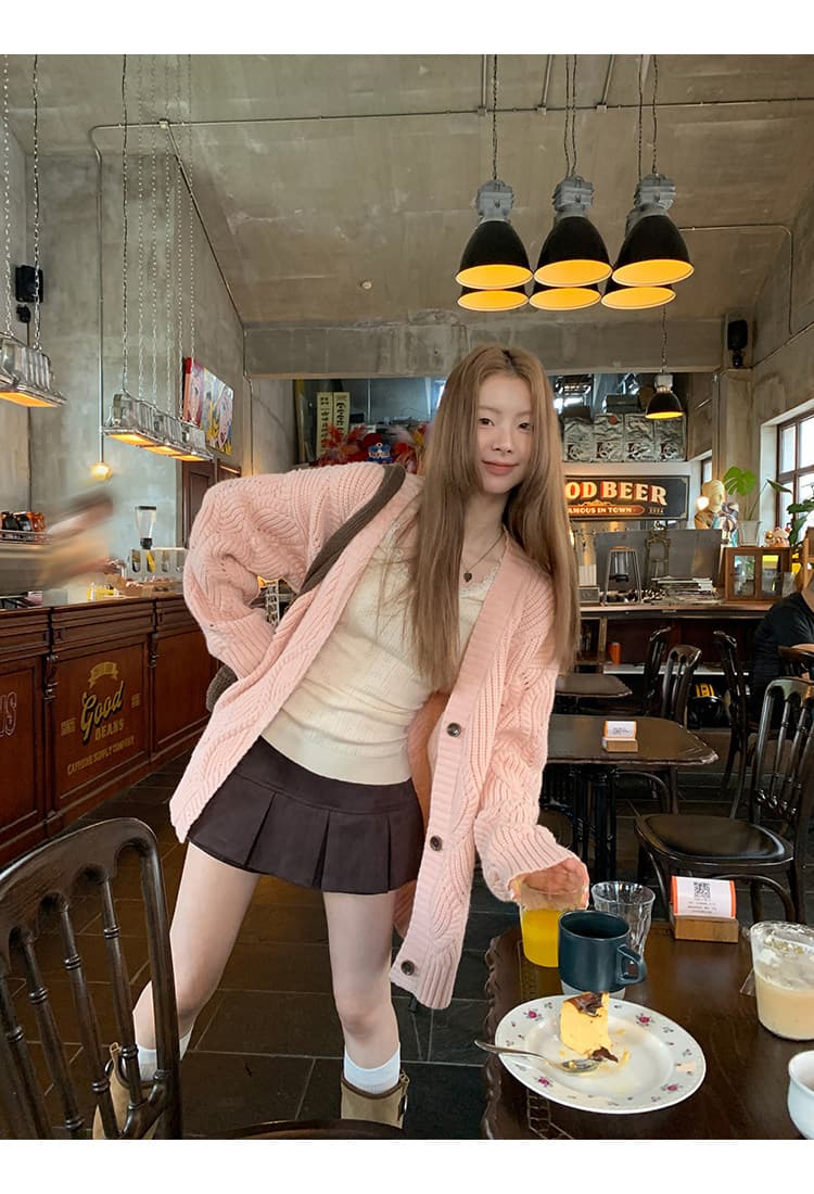 레드 맨 파빌리온 니트 오픈 가디건 여성 한 부서 가을 착용 잡아라. 의류 외부 가져 가라. 분위기 센스 핑크색 느긋한 바람 스웨터 코트 상세 이미지 13