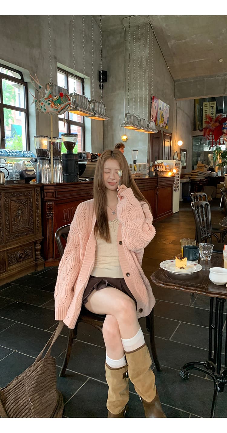 레드 맨 파빌리온 니트 오픈 가디건 여성 한 부서 가을 착용 잡아라. 의류 외부 가져 가라. 분위기 센스 핑크색 느긋한 바람 스웨터 코트 상세 이미지 15