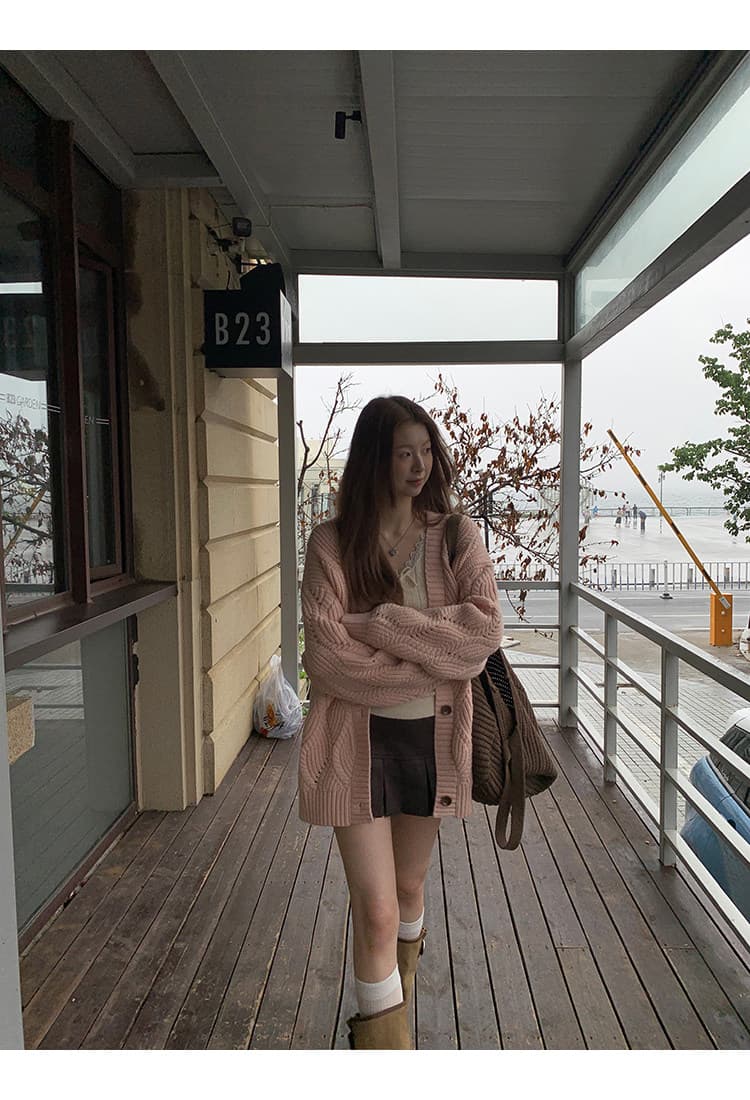 레드 맨 파빌리온 니트 오픈 가디건 여성 한 부서 가을 착용 잡아라. 의류 외부 가져 가라. 분위기 센스 핑크색 느긋한 바람 스웨터 코트 상세 이미지 27
