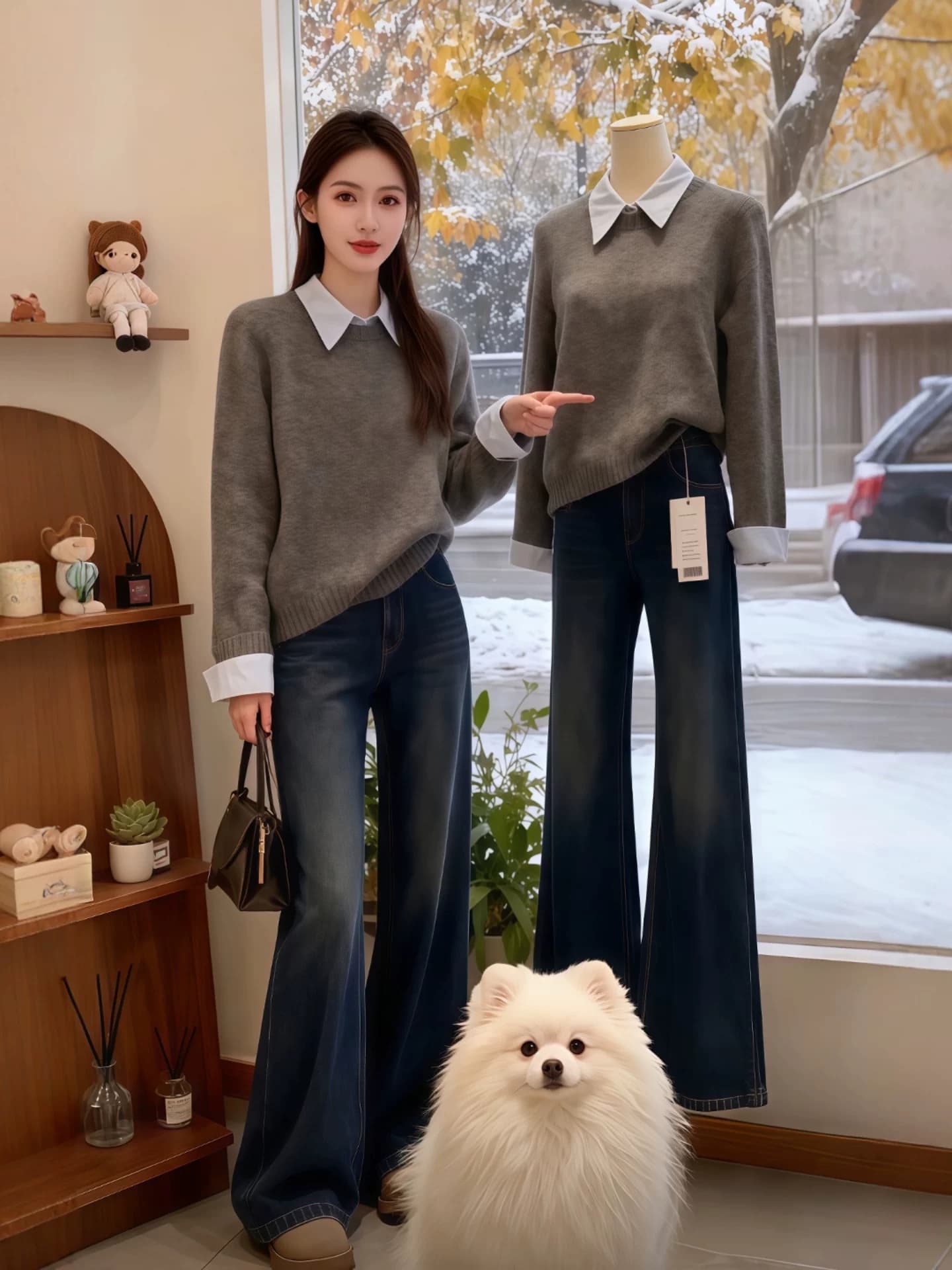 디자인 센스 회색 셔츠 칼라 페이크 레이어드 스웨터 여자 가을 겨울 느긋한 바람 POLO 칼라 니트 스웨터 학원 스타일 맨위 이미지 4