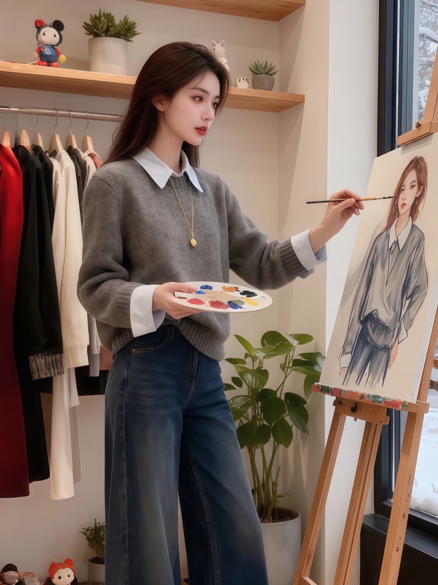 디자인 센스 회색 셔츠 칼라 페이크 레이어드 스웨터 여자 가을 겨울 느긋한 바람 POLO 칼라 니트 스웨터 학원 스타일 맨위 상세 이미지 8