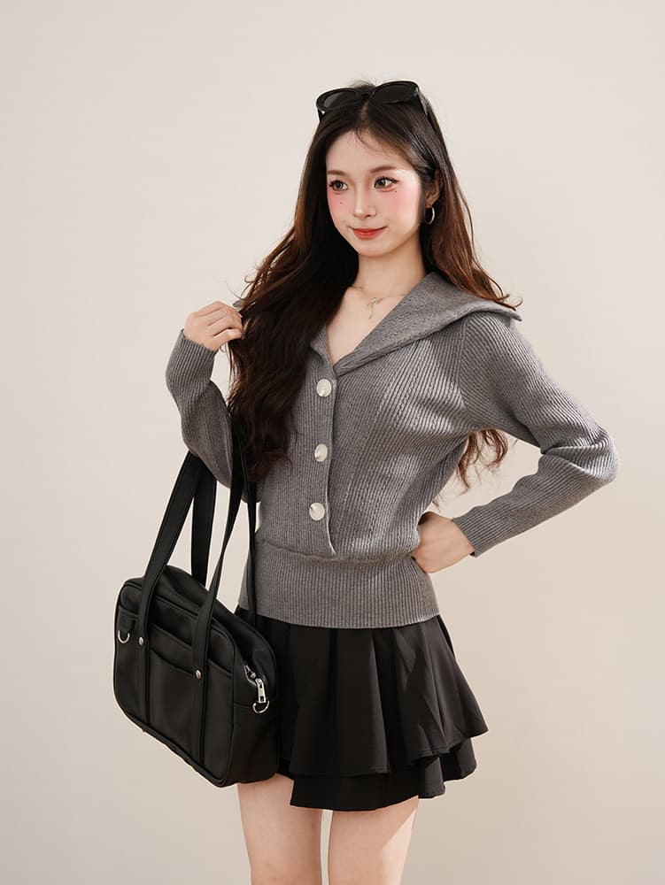 collar 부드러운 우아한 느슨함 부드러운 바람 폴로 칼라 니트 스웨터 디자인 센스 슬림해 보이는 단추 스웨터 가을 새로운 여성 상세 이미지 7