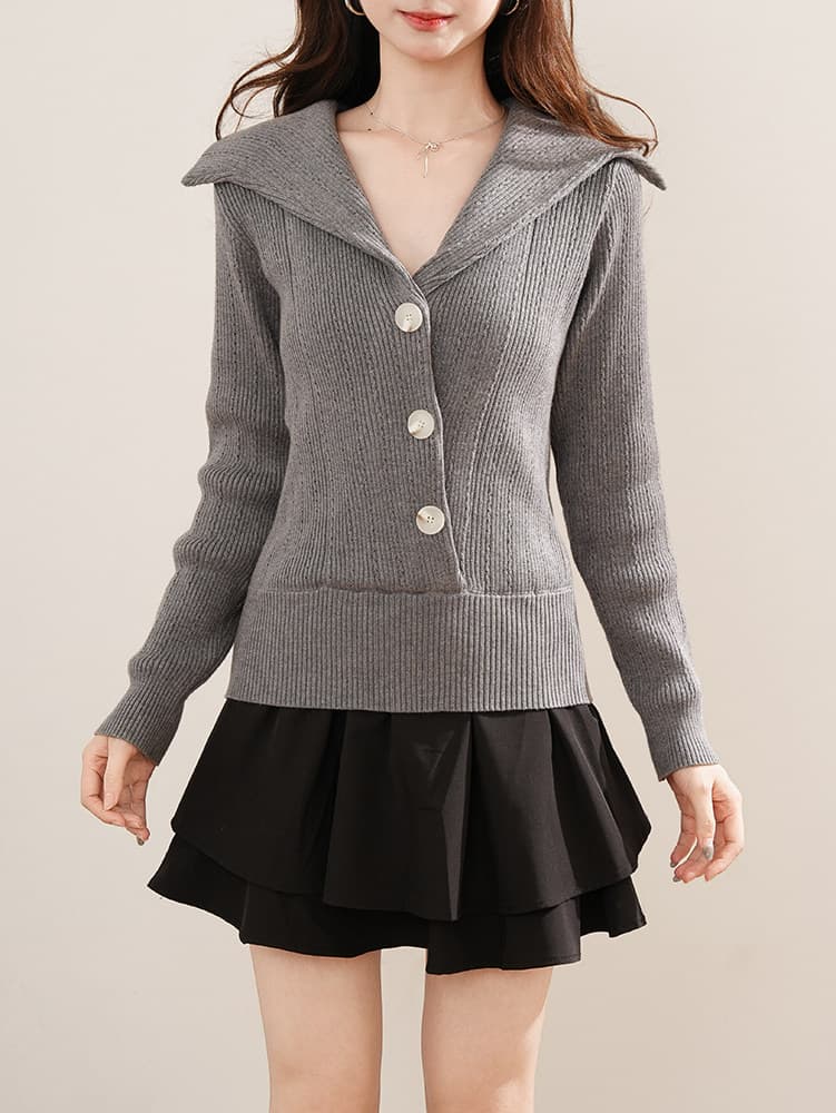 collar 부드러운 우아한 느슨함 부드러운 바람 폴로 칼라 니트 스웨터 디자인 센스 슬림해 보이는 단추 스웨터 가을 새로운 여성 상세 이미지 9