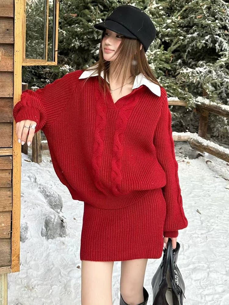 한 셔츠 칼라 스웨터 세트 여성 패치워크 색상 칼라 페이크 레이어드 맨위 하이웨이스트 미니 스커트 투피스 세트 가을 새로운 이미지 3