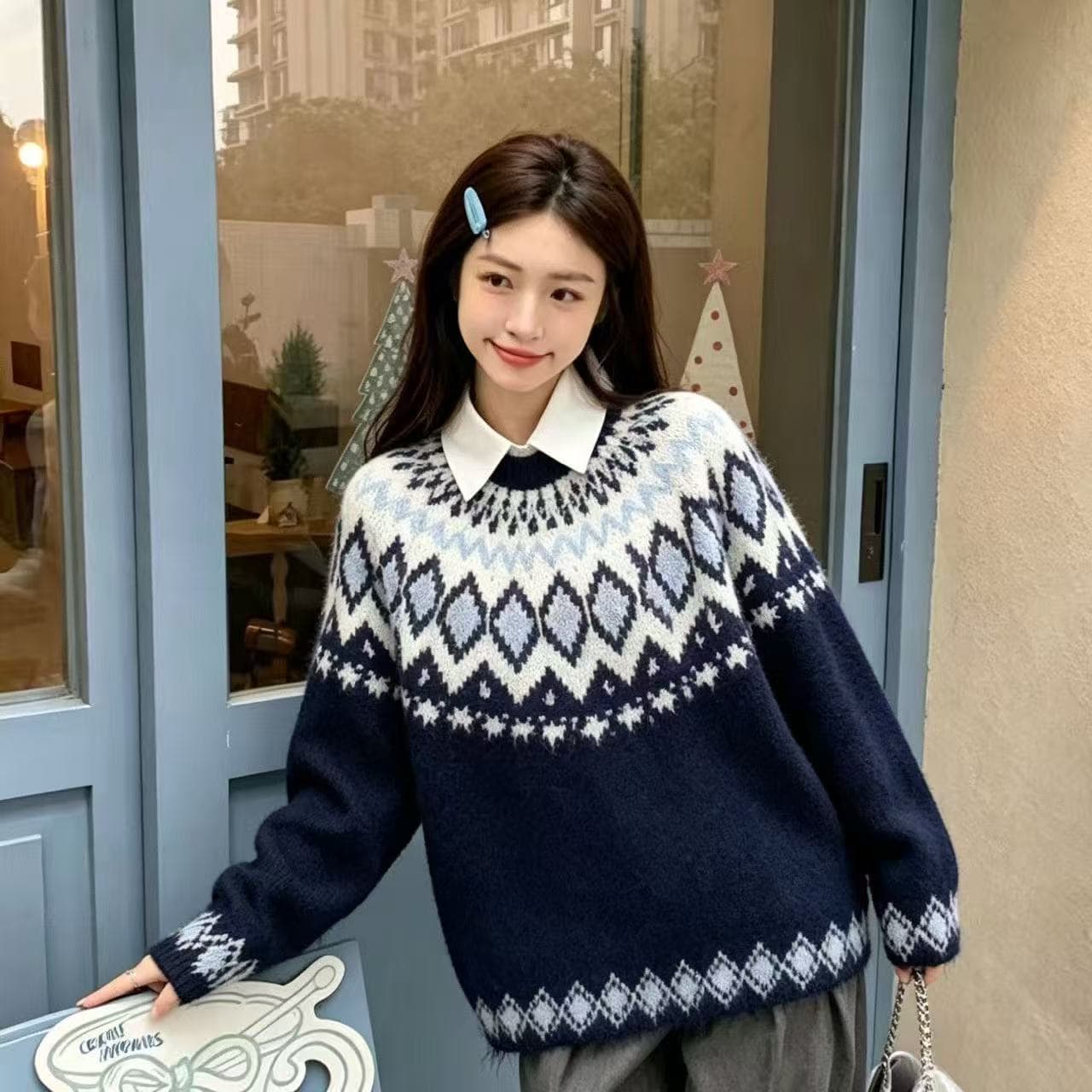 한 부서 레트로 공정한 섬 자카드 스웨터 풀오버 여성 2026 가을 새로운 느긋한 슬림해 보이는 분위기 센스 니트 재킷 상세 이미지 8