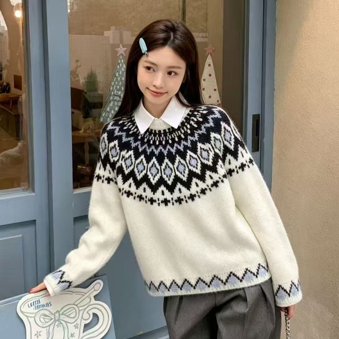 한 부서 레트로 공정한 섬 자카드 스웨터 풀오버 여성 2026 가을 새로운 느긋한 슬림해 보이는 분위기 센스 니트 재킷 상세 이미지 10