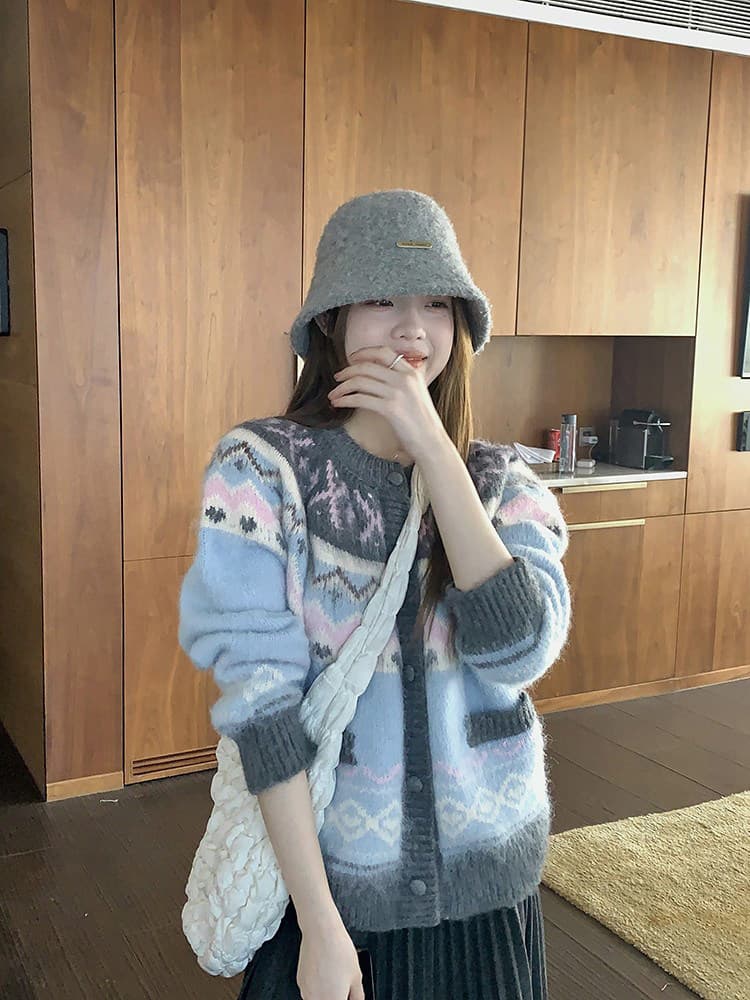 우 77 파란색 공정한 섬 자카드 스웨터 오픈 가디건 여성 겨울 분위기 센스 루즈핏 슬림해 보이는 작은 키 라운드 넥 맨위 상세 이미지 6