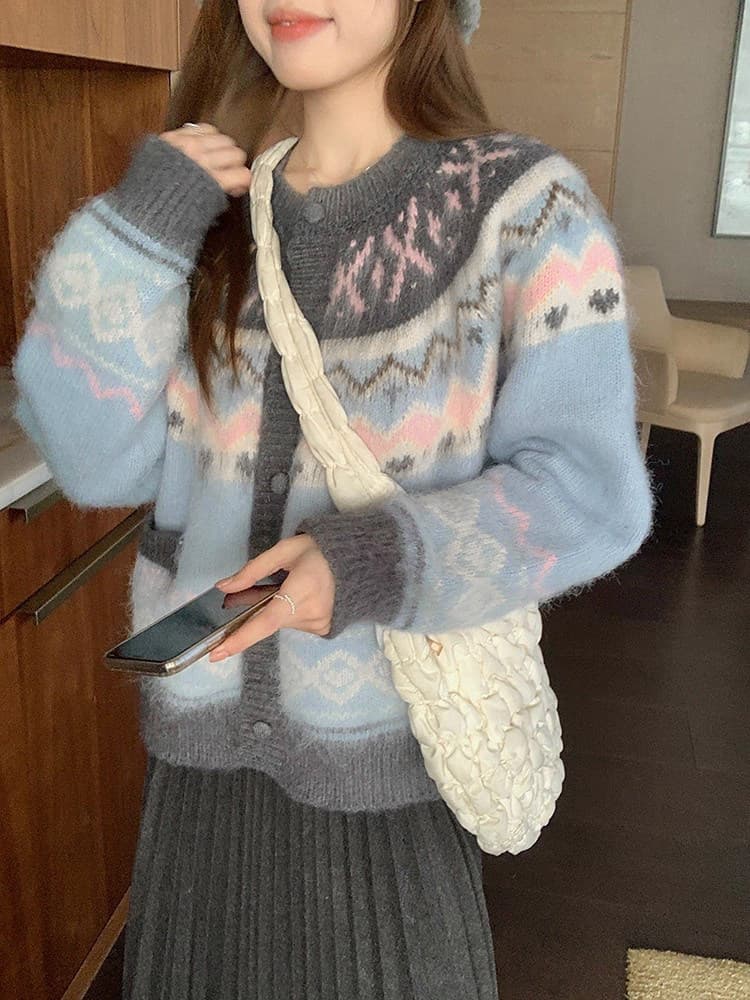 우 77 파란색 공정한 섬 자카드 스웨터 오픈 가디건 여성 겨울 분위기 센스 루즈핏 슬림해 보이는 작은 키 라운드 넥 맨위 상세 이미지 17