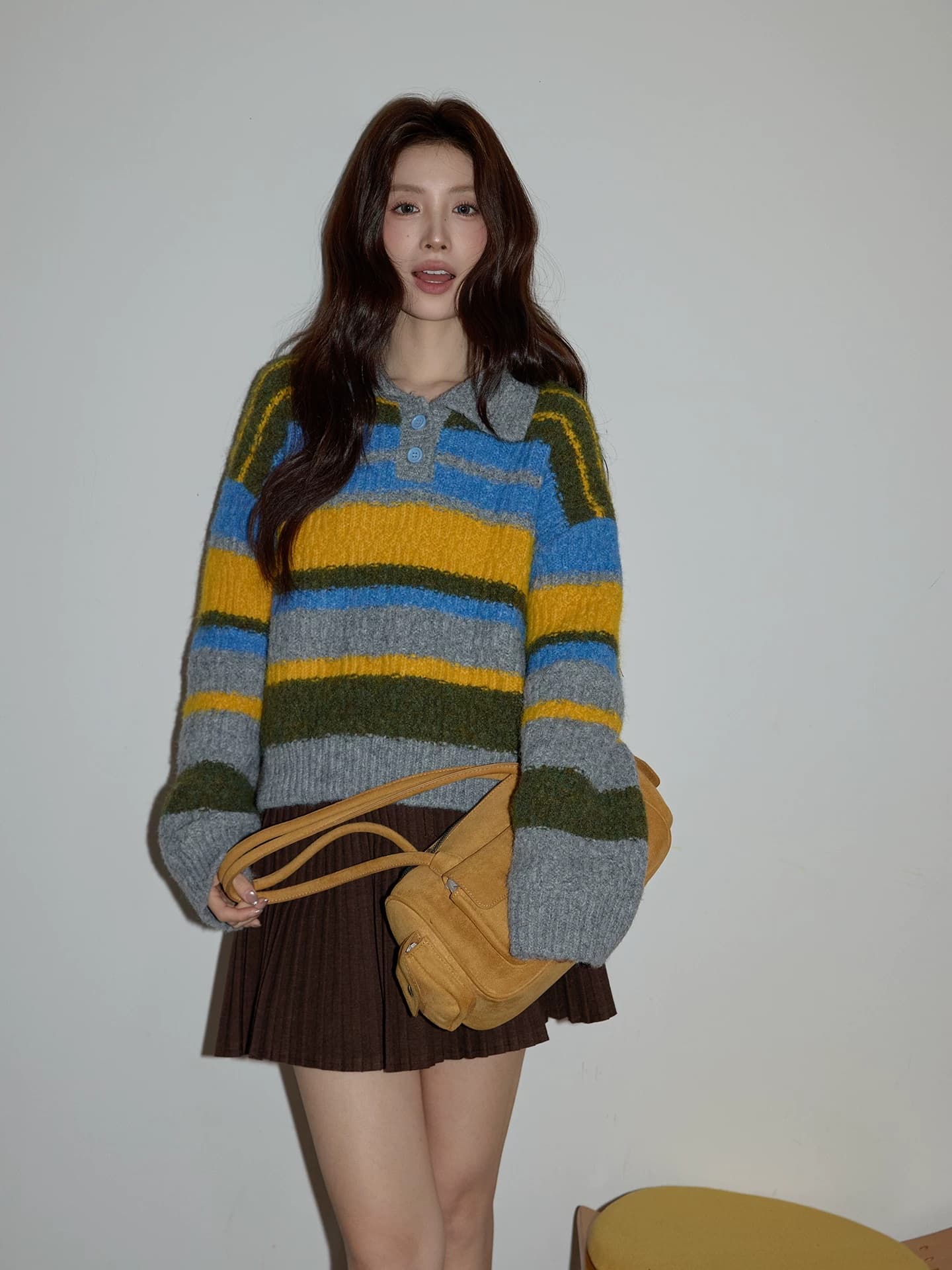 다시 레인 서리 염색 가을 셔츠 레트로 스트라이프 패치워크 색상 POLO 칼라 두꺼운 느긋한 스웨터 여자 2026 겨울 새로운 이미지 2