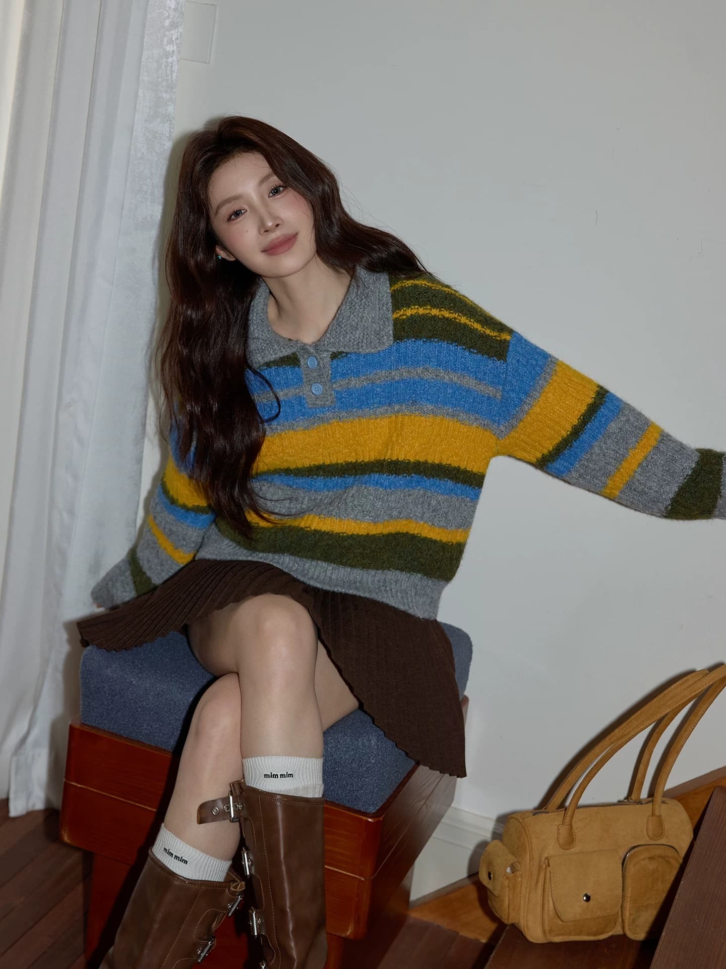 다시 레인 서리 염색 가을 셔츠 레트로 스트라이프 패치워크 색상 POLO 칼라 두꺼운 느긋한 스웨터 여자 2026 겨울 새로운 이미지 4
