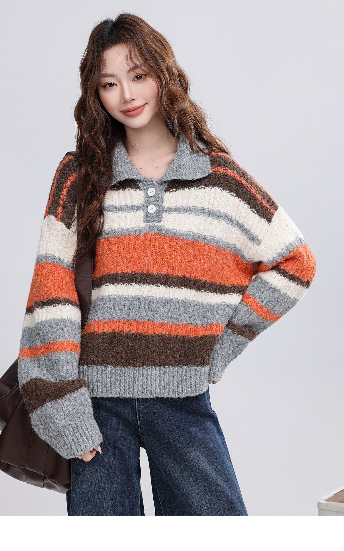다시 레인 서리 염색 가을 셔츠 레트로 스트라이프 패치워크 색상 POLO 칼라 두꺼운 느긋한 스웨터 여자 2026 겨울 새로운 이미지 3