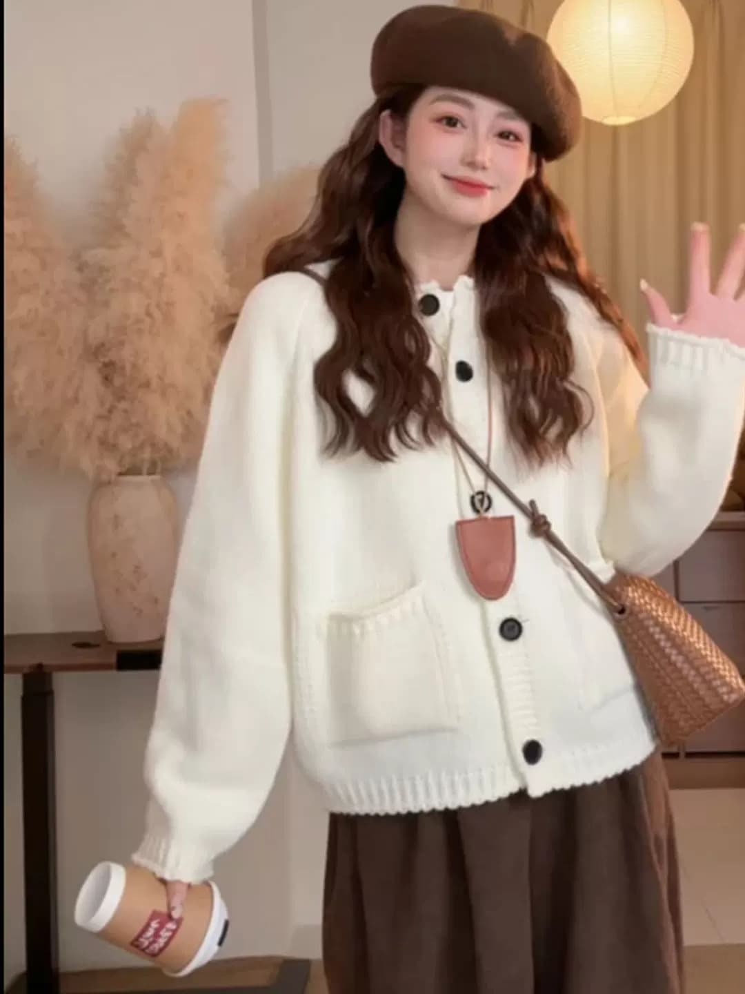 느긋한 바람 주황색 색상 라운드 넥 싱글 줄 버튼 스웨터 여성 코트 가을 겨울 새로운 와이드 부드러운 찹쌀 고급 센스 니트 오픈 가디건 이미지 2