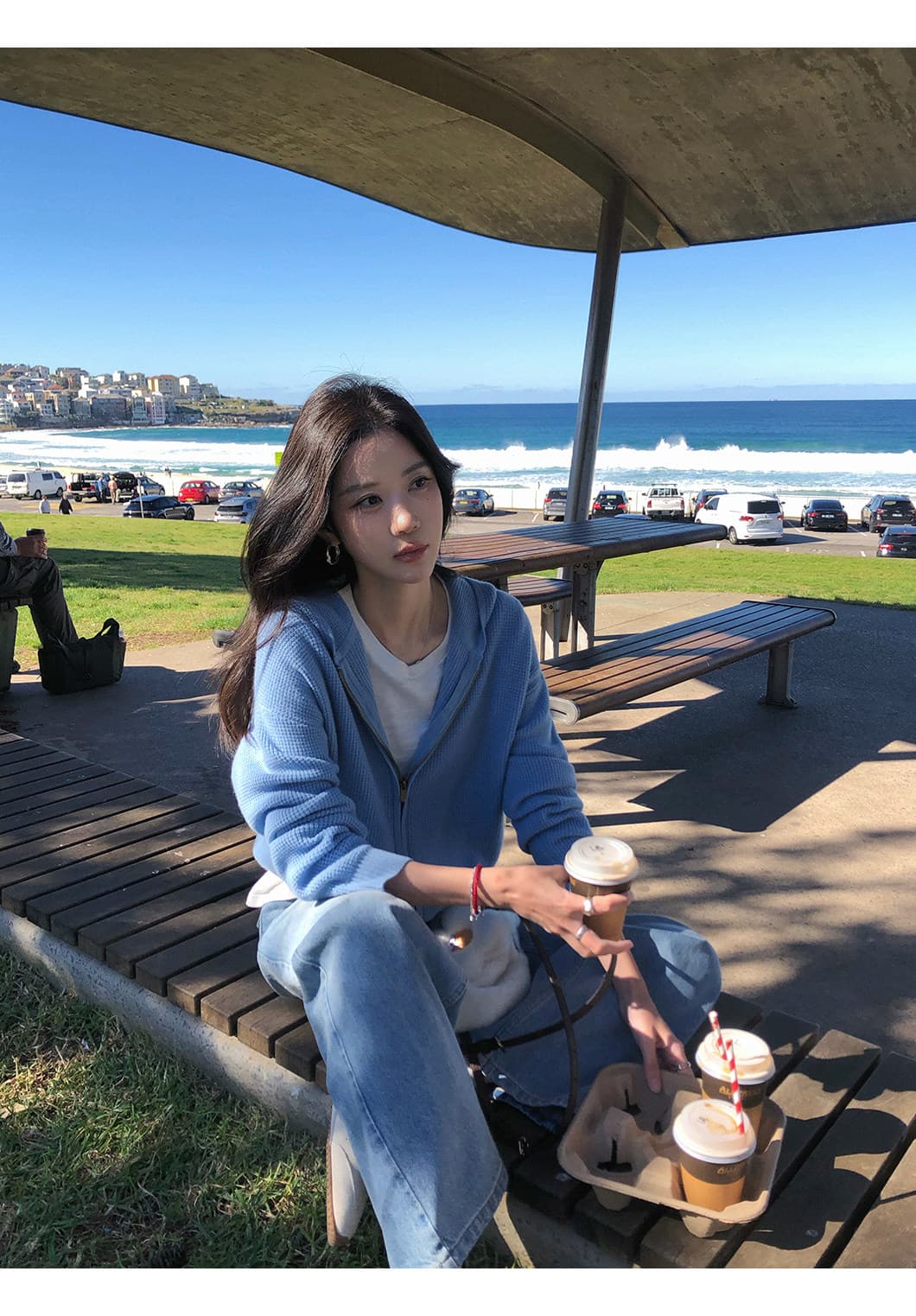장 베이 베이 ibell 한 부서 루즈핏 슬림해 보이는 3 차원 후아 남편 그리드 후드 오픈 가디건 여성 레저 다용도 양모 재킷 상세 이미지 17
