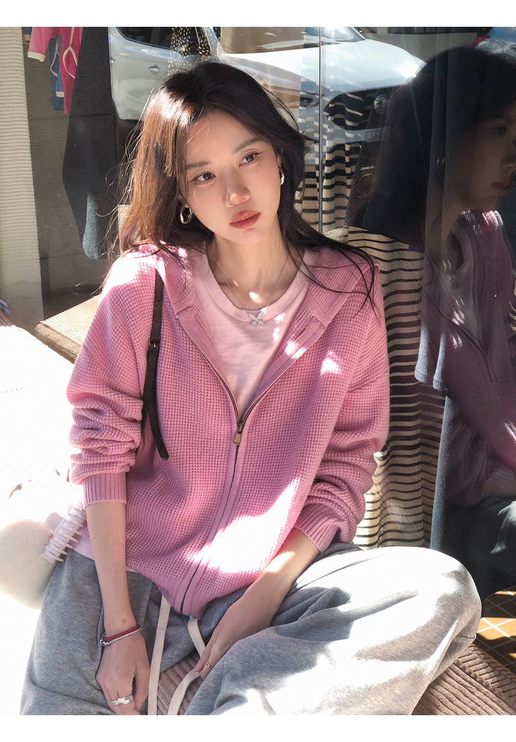 장 베이 베이 ibell 한 부서 루즈핏 슬림해 보이는 3 차원 후아 남편 그리드 후드 오픈 가디건 여성 레저 다용도 양모 재킷 상세 이미지 48