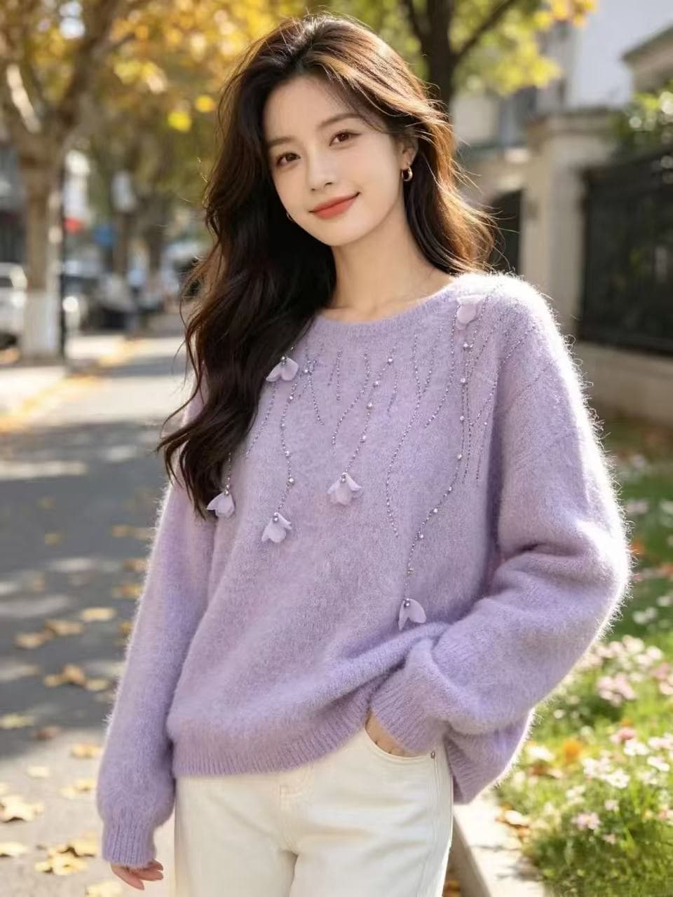26 가을 겨울 숙녀 바람 라운드 넥 니트 스웨터 여성 화이트 핫픽스 풀오버 루즈핏 다용도 디자인 센스 양모 기본 셔츠 상세 이미지 6