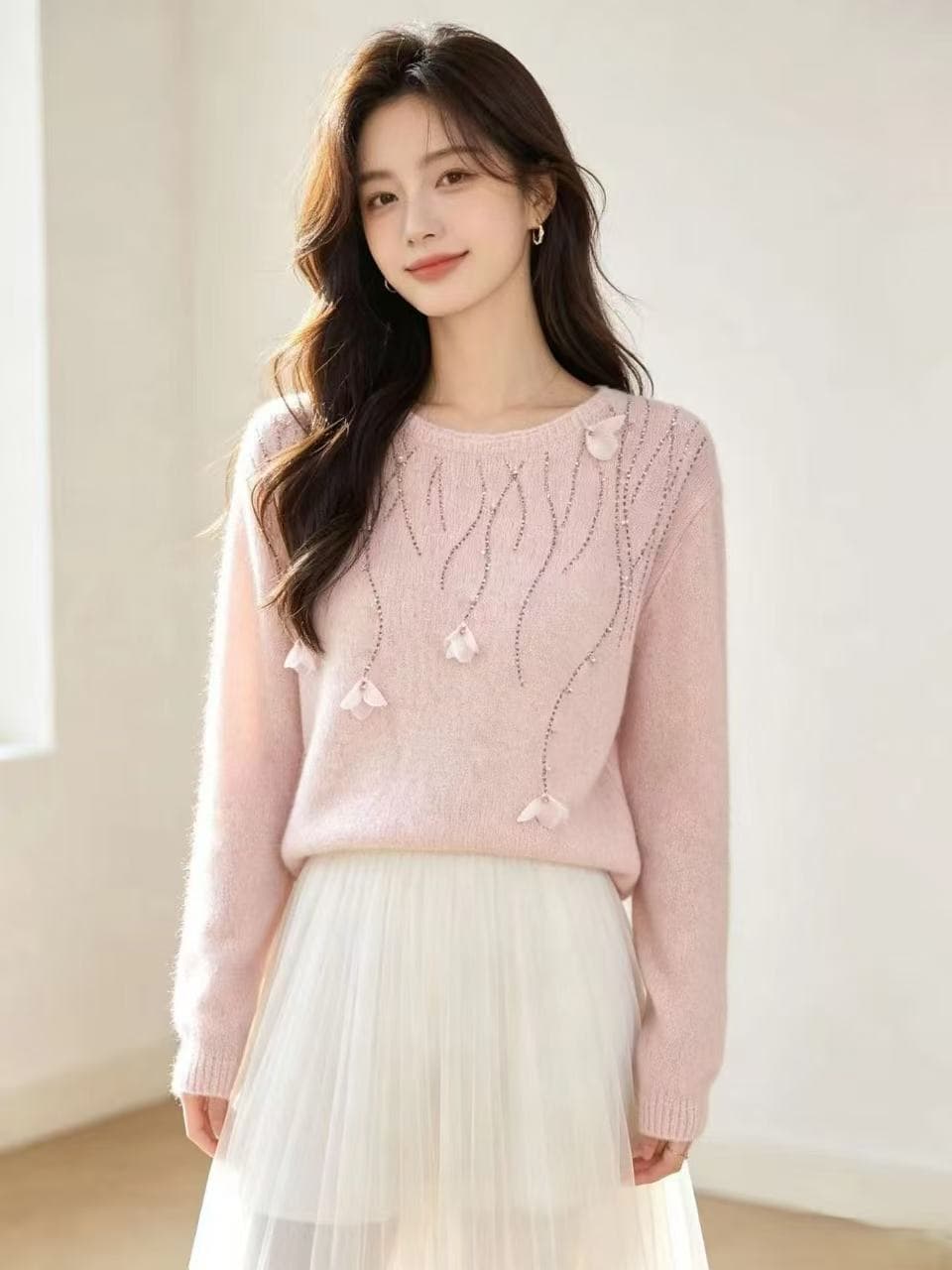 26 가을 겨울 숙녀 바람 라운드 넥 니트 스웨터 여성 화이트 핫픽스 풀오버 루즈핏 다용도 디자인 센스 양모 기본 셔츠 상세 이미지 8