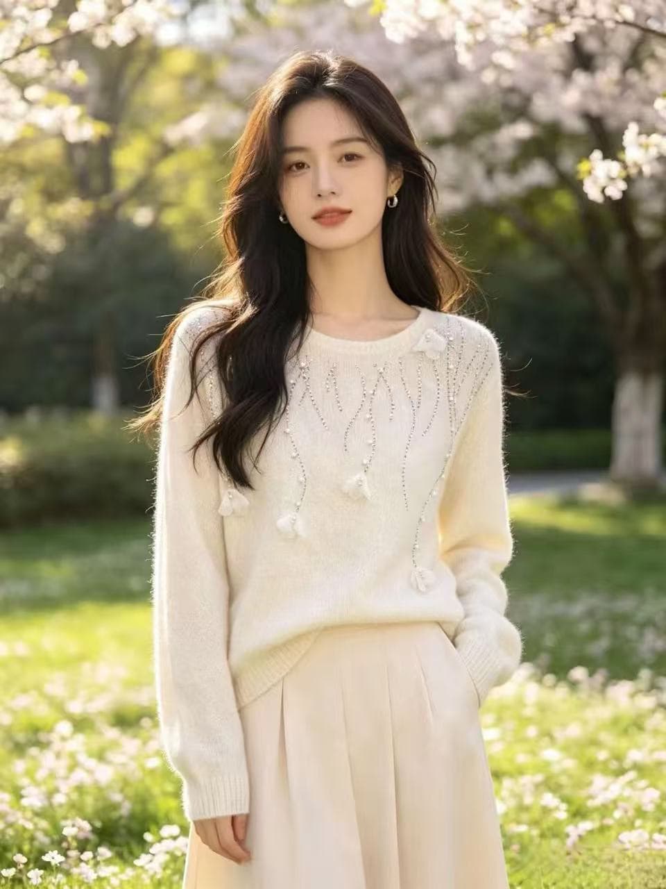 26 가을 겨울 숙녀 바람 라운드 넥 니트 스웨터 여성 화이트 핫픽스 풀오버 루즈핏 다용도 디자인 센스 양모 기본 셔츠 상세 이미지 9