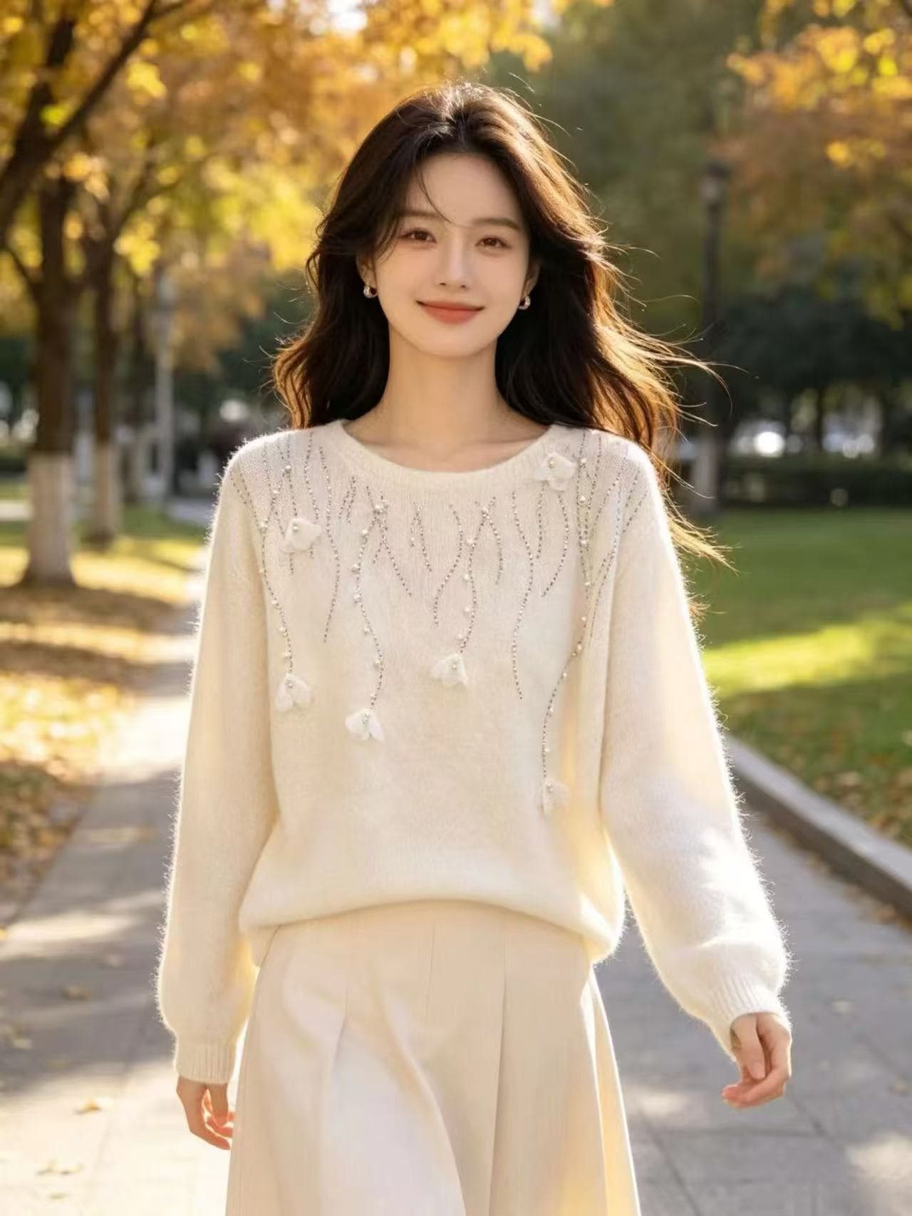 26 가을 겨울 숙녀 바람 라운드 넥 니트 스웨터 여성 화이트 핫픽스 풀오버 루즈핏 다용도 디자인 센스 양모 기본 셔츠 상세 이미지 21