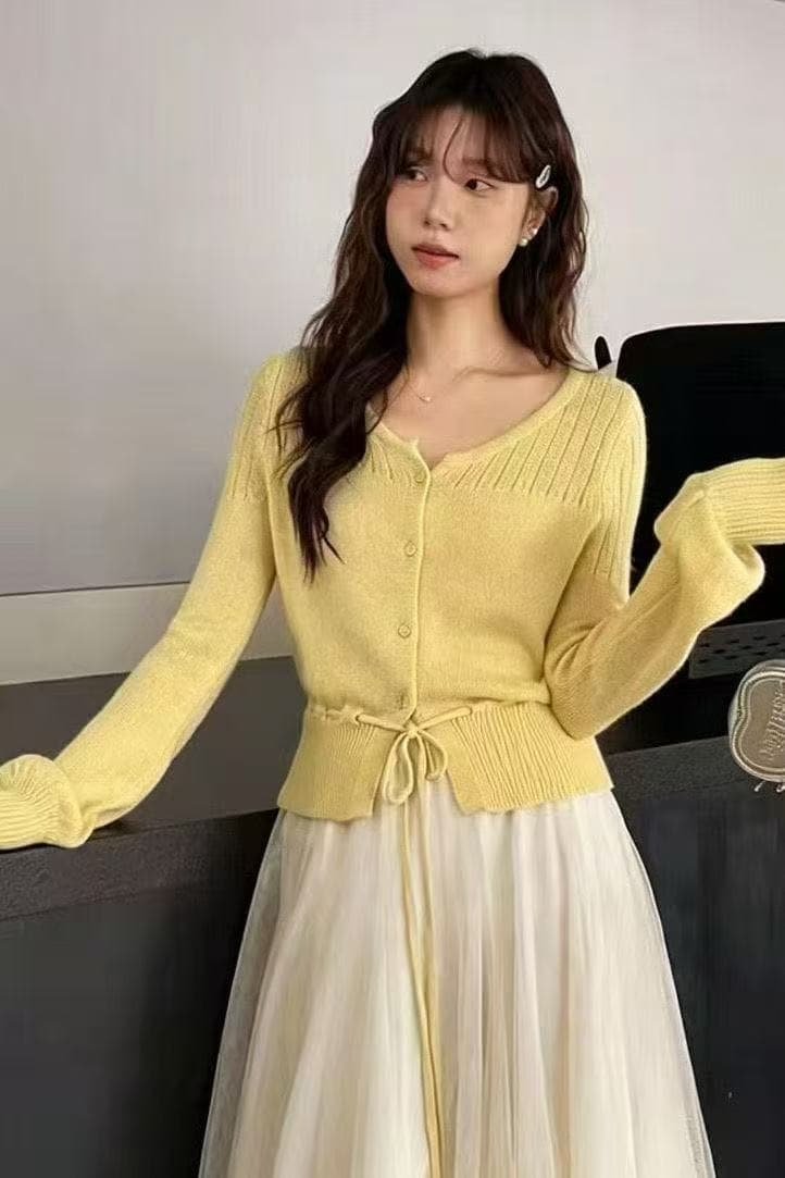Ouyang 안녕하세요. 옥수수 강 떡 프랑스식 황색 u 칼라 긴팔 오픈 가디건 봄 드레스 맨위 여성 허리 수축 털 니트 스웨터