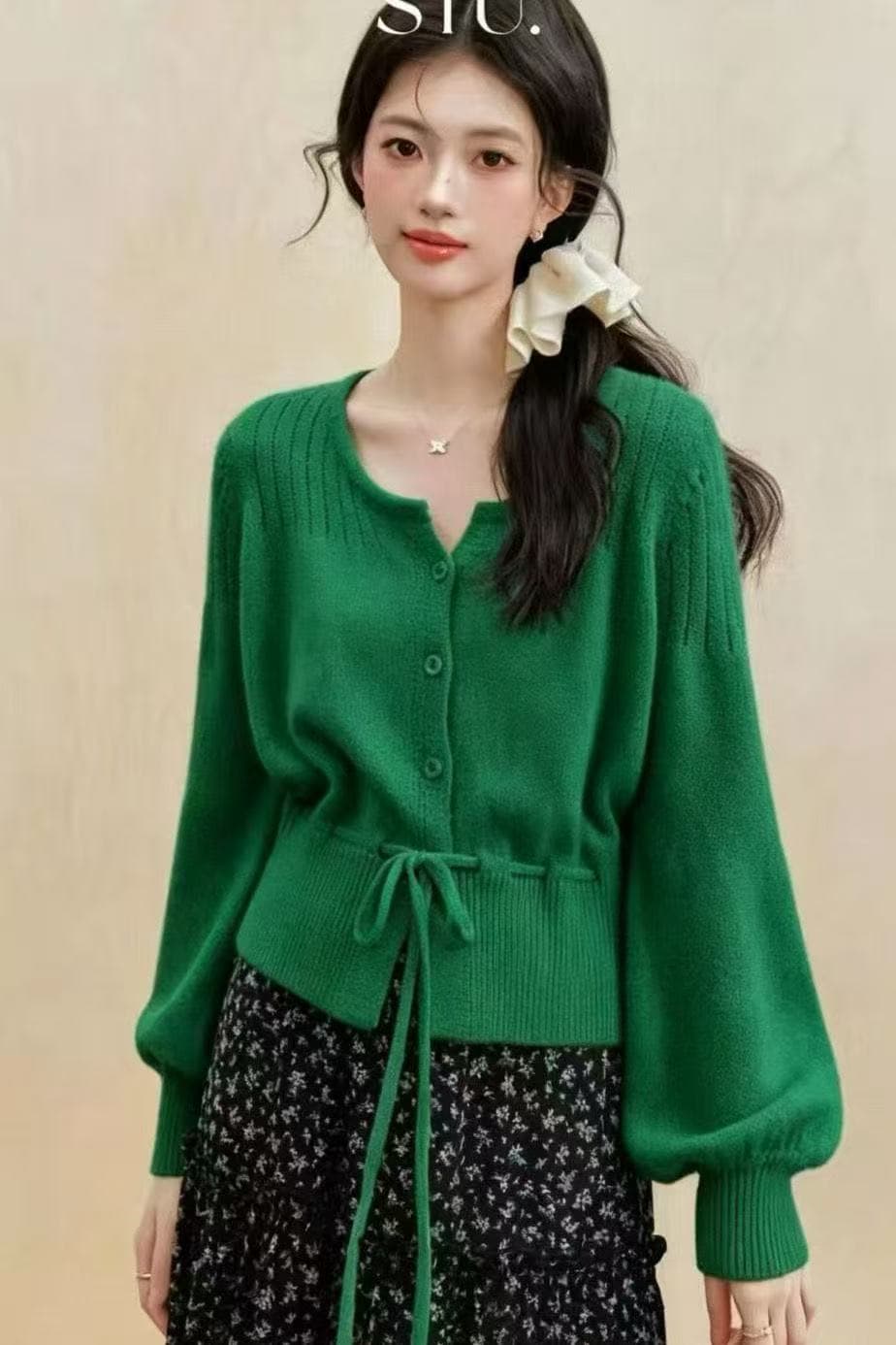 Ouyang 안녕하세요. 옥수수 강 떡 프랑스식 황색 u 칼라 긴팔 오픈 가디건 봄 드레스 맨위 여성 허리 수축 털 니트 스웨터 이미지 3