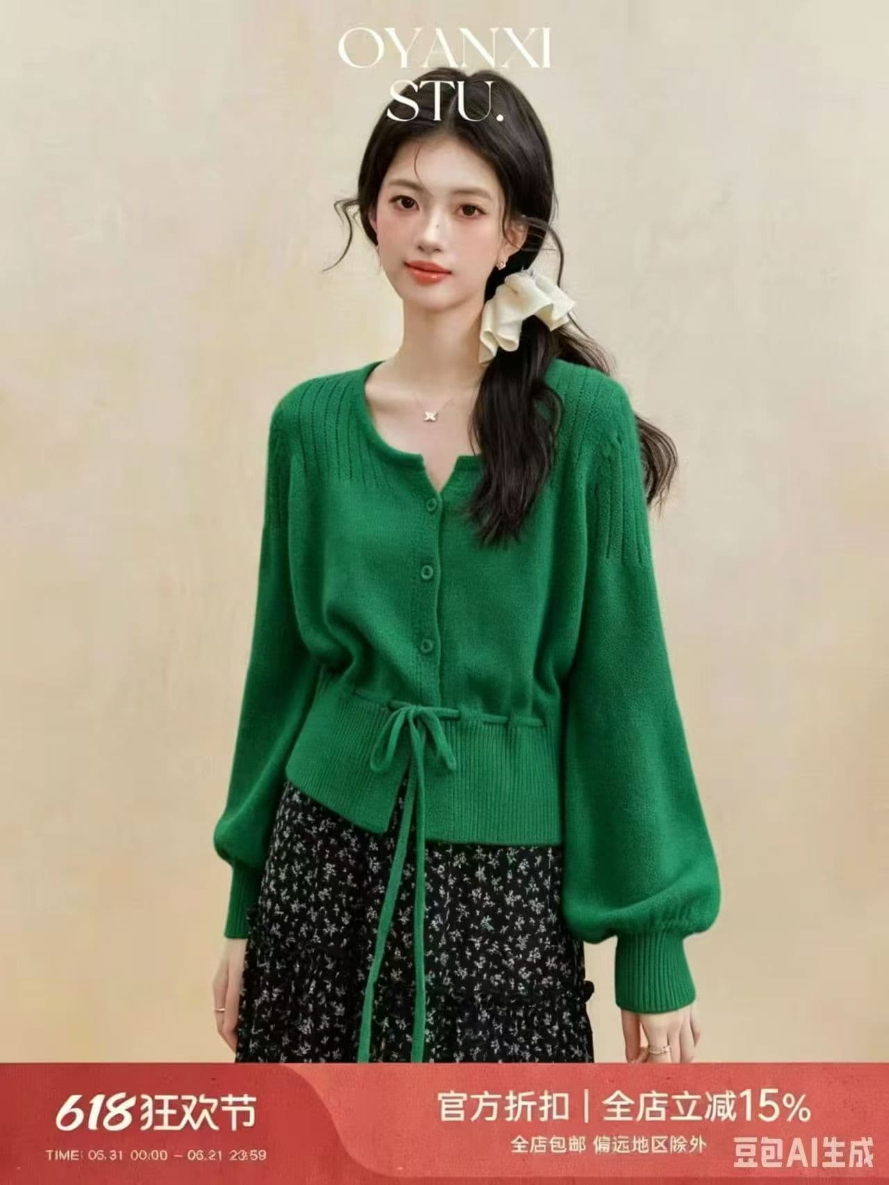 Ouyang 안녕하세요. 옥수수 강 떡 프랑스식 황색 u 칼라 긴팔 오픈 가디건 봄 드레스 맨위 여성 허리 수축 털 니트 스웨터 상세 이미지 4