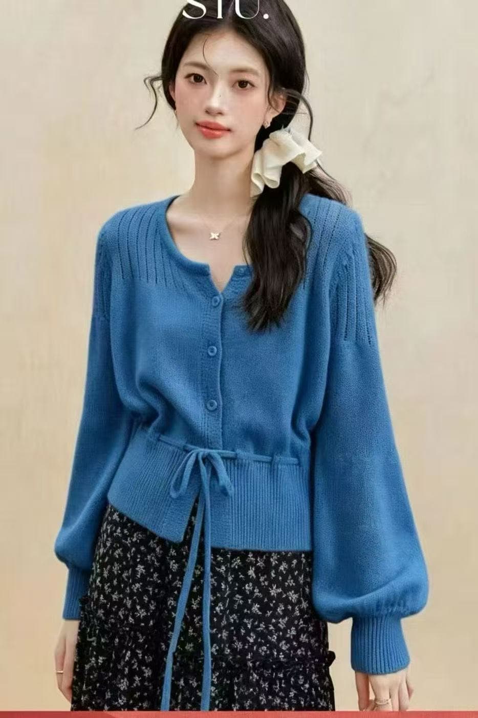 Ouyang 안녕하세요. 옥수수 강 떡 프랑스식 황색 u 칼라 긴팔 오픈 가디건 봄 드레스 맨위 여성 허리 수축 털 니트 스웨터 상세 이미지 5
