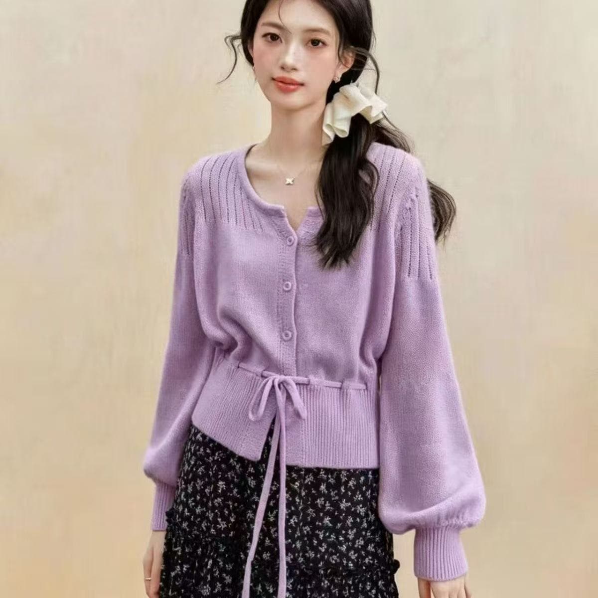 Ouyang 안녕하세요. 옥수수 강 떡 프랑스식 황색 u 칼라 긴팔 오픈 가디건 봄 드레스 맨위 여성 허리 수축 털 니트 스웨터 상세 이미지 20