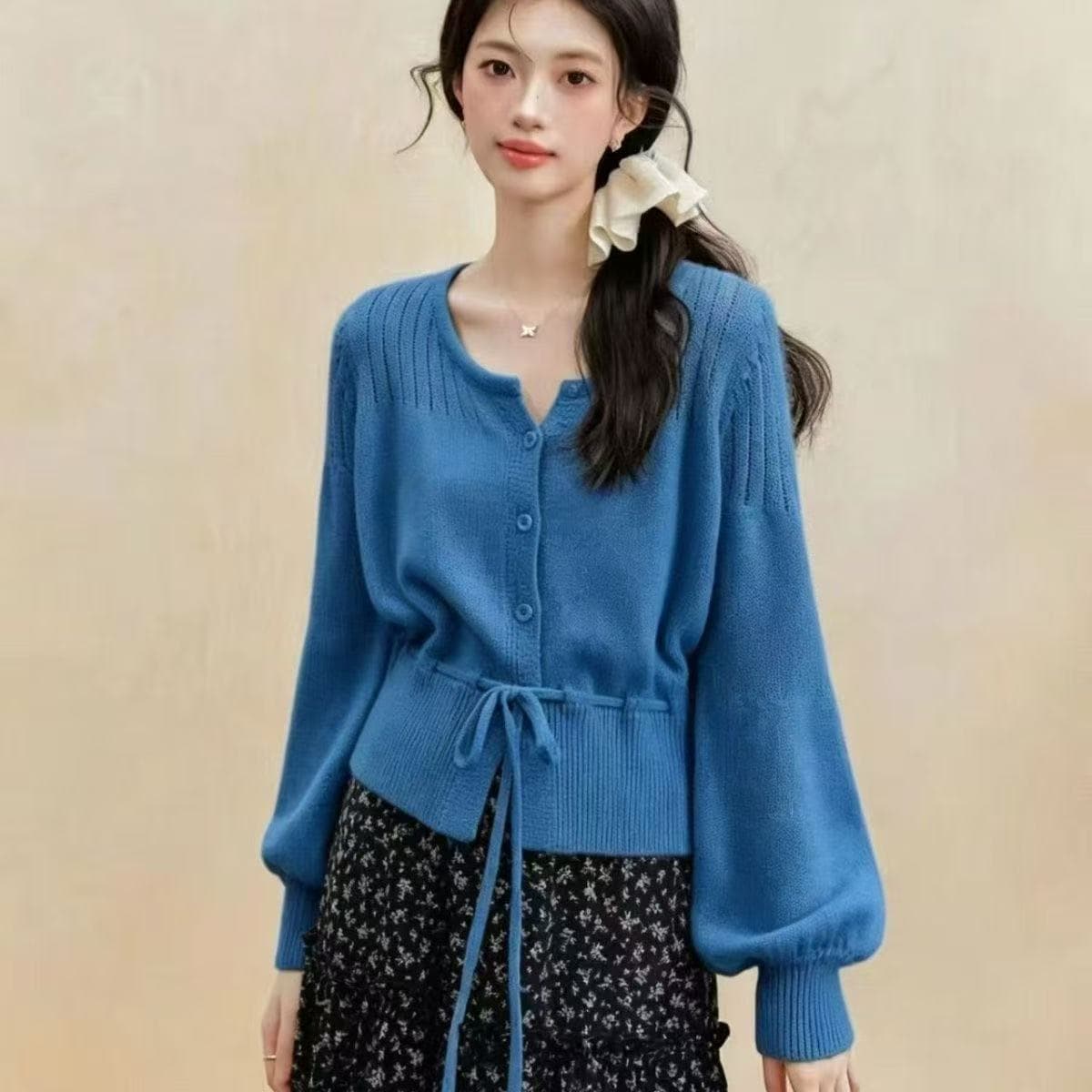 Ouyang 안녕하세요. 옥수수 강 떡 프랑스식 황색 u 칼라 긴팔 오픈 가디건 봄 드레스 맨위 여성 허리 수축 털 니트 스웨터 상세 이미지 24
