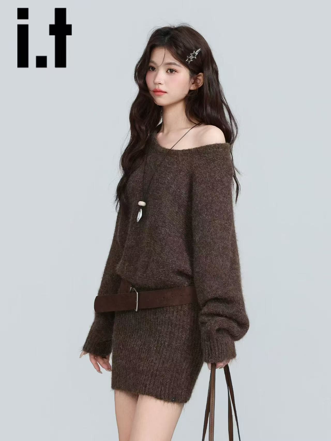 가을 겨울 ins 분위기 센스 빨간색 비스듬한 어깨 스웨터 드레스 여성 품격 허리 수축 오프숄더 타이트 스커트 니트 미니 스커트 느긋한 바람 상세 이미지 20