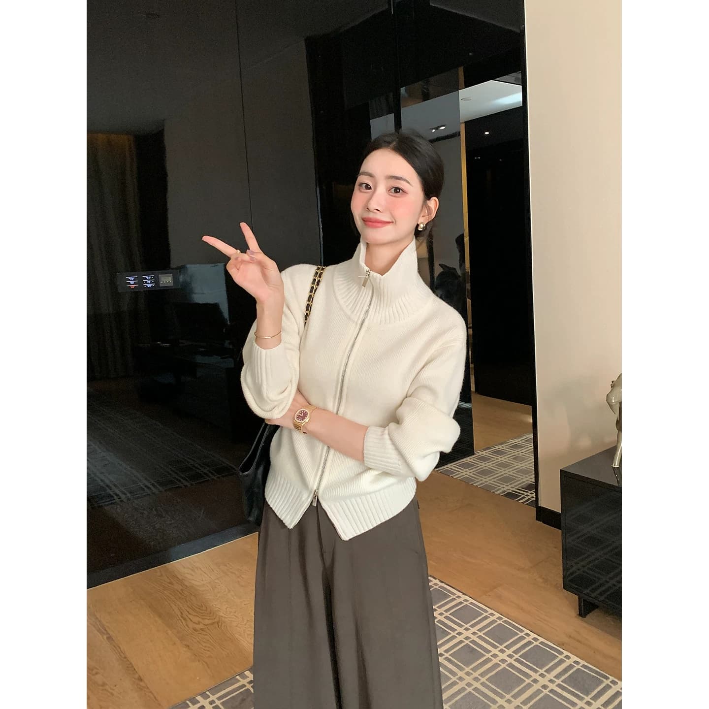 스탠드 칼라 스웨터 오픈 가디건 여성 더블 지퍼 니트 재킷 맨위 2026 가을 새로운 니트 스웨터 재킷 상세 이미지 1